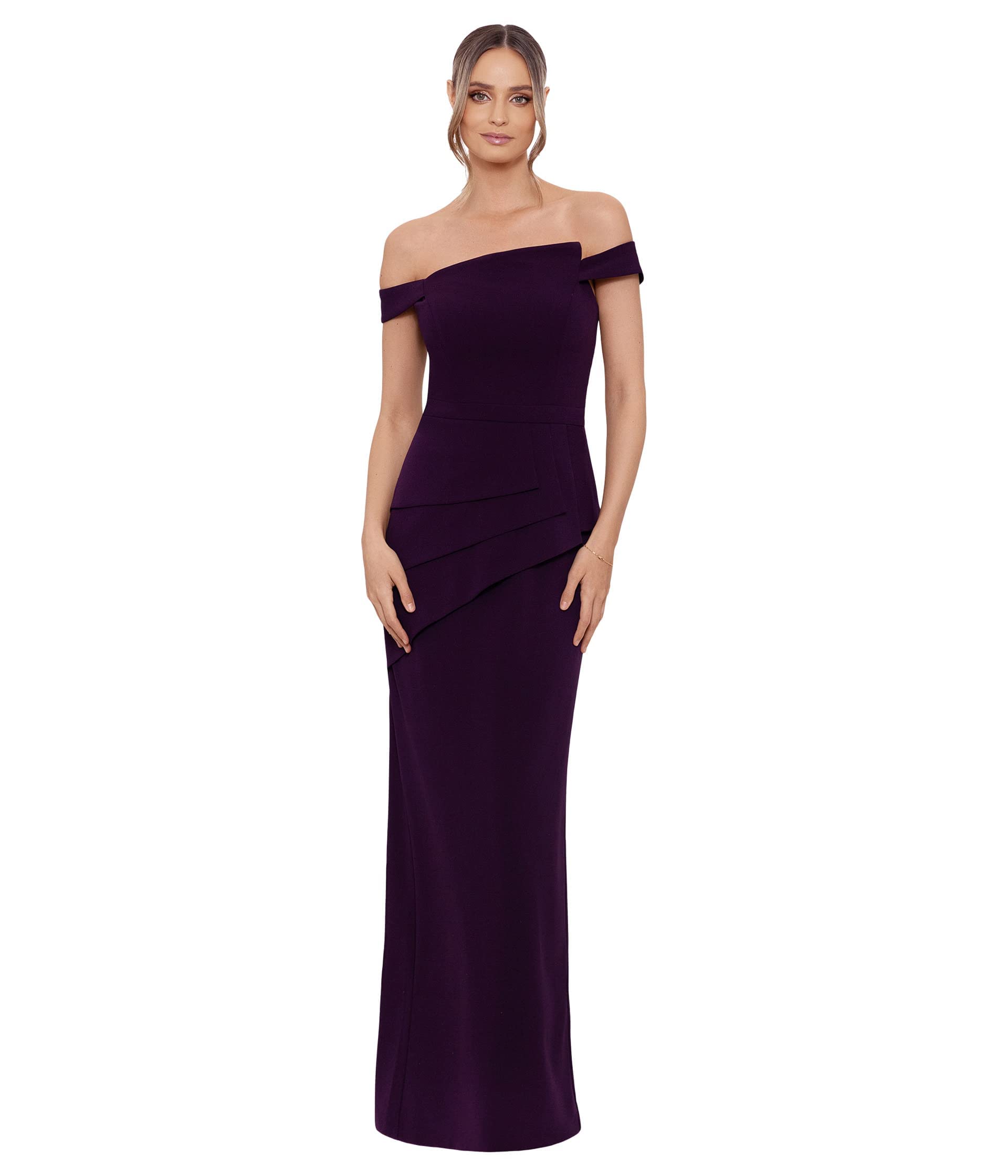Xscape Long Pleated Scuba Off-The-Shoulder Dress in Mulberry - Size 14 | Elegant Cocktail Party & Evening Formal Wear for Women
