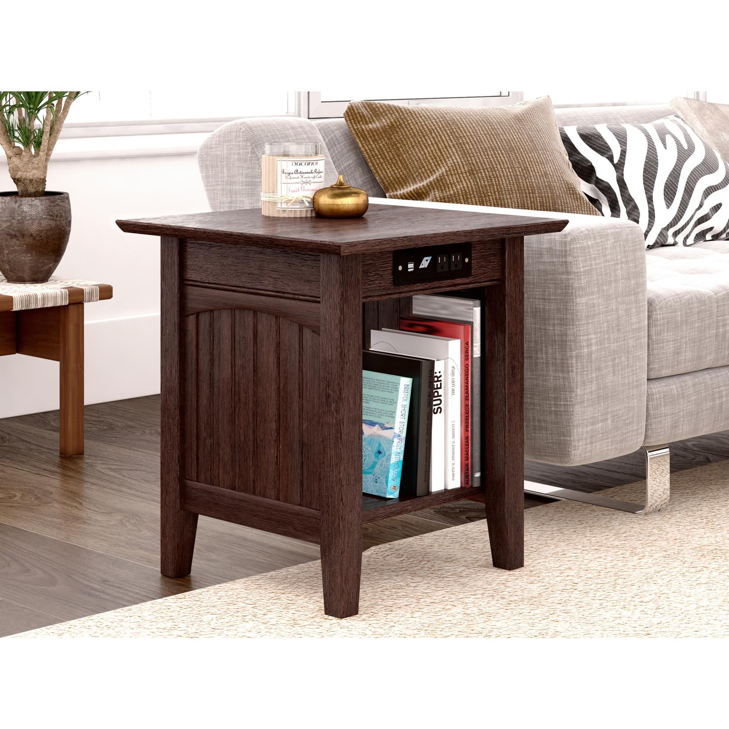 AFI Nantucket End Table with Built-in USB Charger - Modern Side Table for Living Room, Bedroom, Office - Burnt Amber Finish - Compact Nightstand with Wireless Charging Station