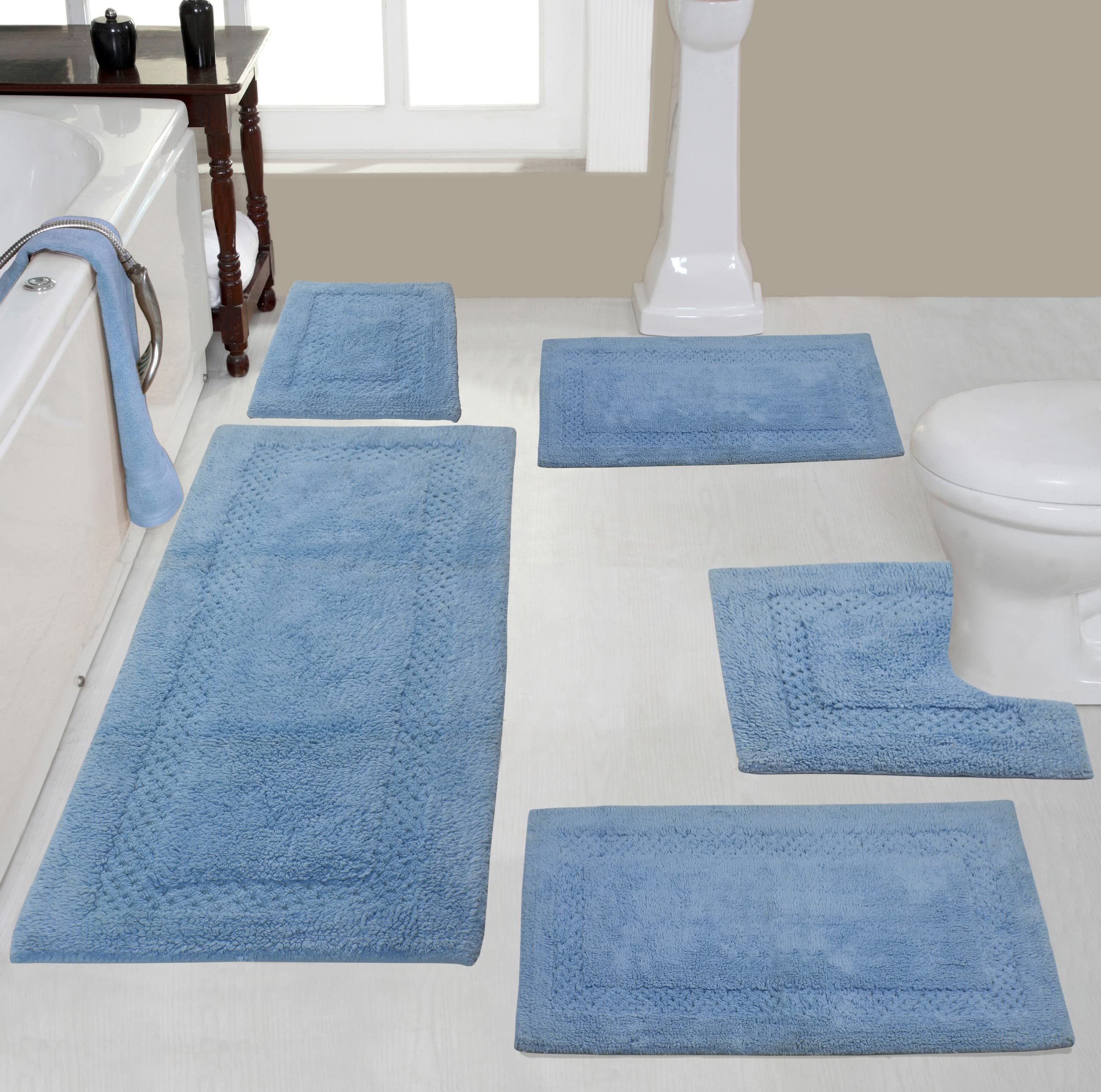Premium 100% Cotton Bathroom Rugs Set - 5 Piece Non-Slip Bath Mat with Contour | Ultra Soft, Absorbent & Washable Bathroom Floor Mats | Perfect for Bathroom, Kitchen & Shower Use (Blue)