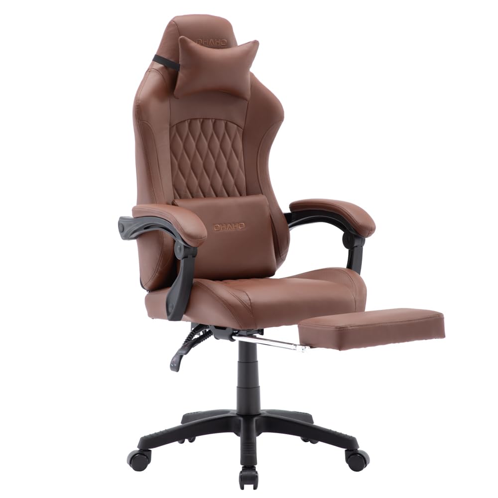 OHAHO Ergonomic Gaming Chair with Adjustable Footrest & Lumbar Support - 360° Swivel Height-Adjustable Office Chair with Headrest for PC Gaming & Home Office Work (Tan) - Perfect for Esports, Streaming & Long Work Sessions
