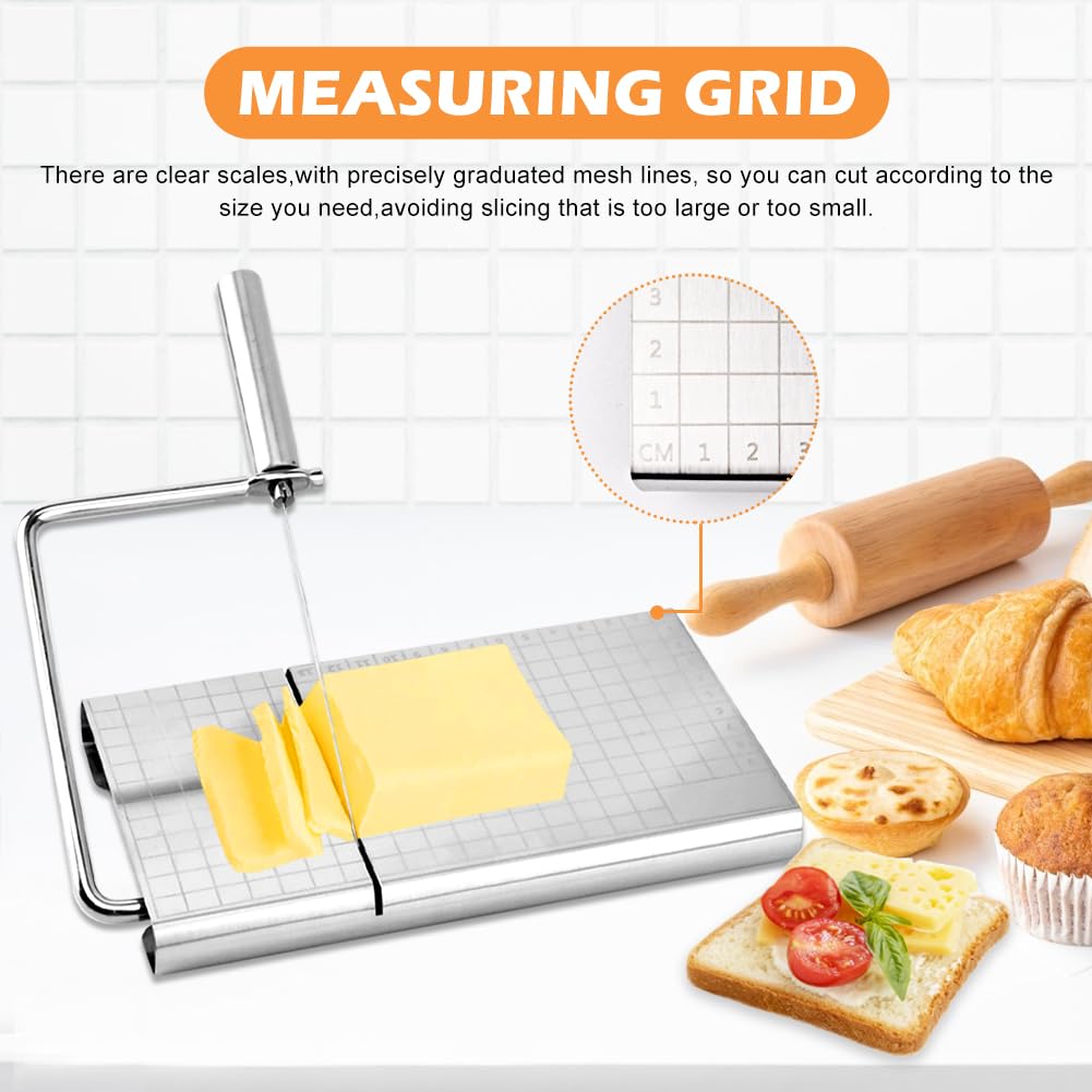 Premium Cheese Slicer Kit with 8 Replaceable Wires, Cutting Board & Measuring Grid - Adjustable for Cheese & Butter - Perfect for Kitchens, Delis & Gourmet Food Preparation
