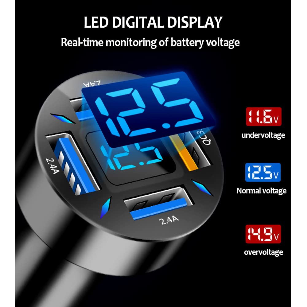 Turcee 66W Fast Car Charger with Voltmeter - 4-Port USB Car Charger Adapter for iPhone, Samsung, Android - Quick Charge for Road Trips, Commuting & Travel Accessories