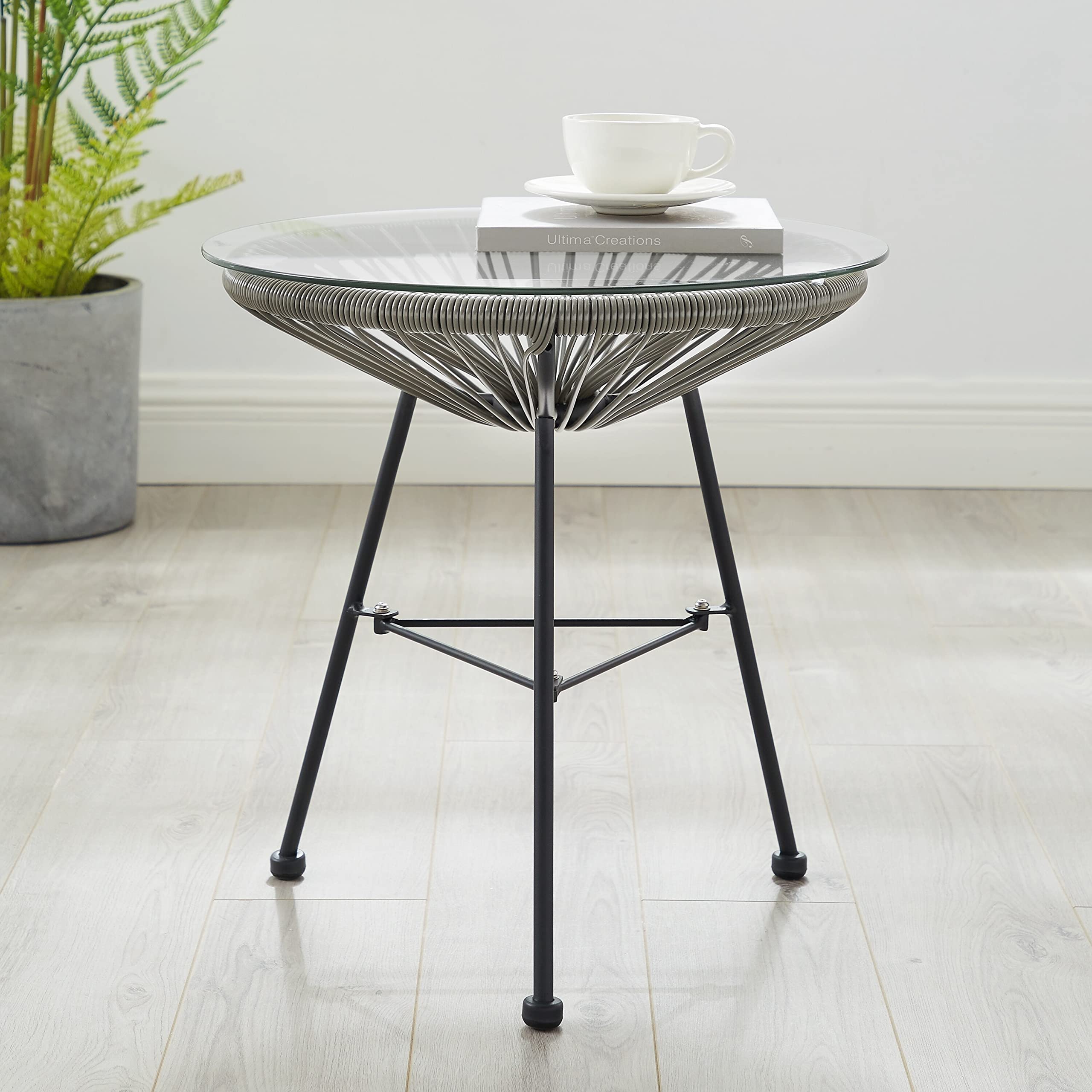 Modern Grey Woven Wicker Patio Side Table with Tempered Glass Top - Outdoor Garden, Balcony, Poolside Furniture for Relaxing & Entertaining