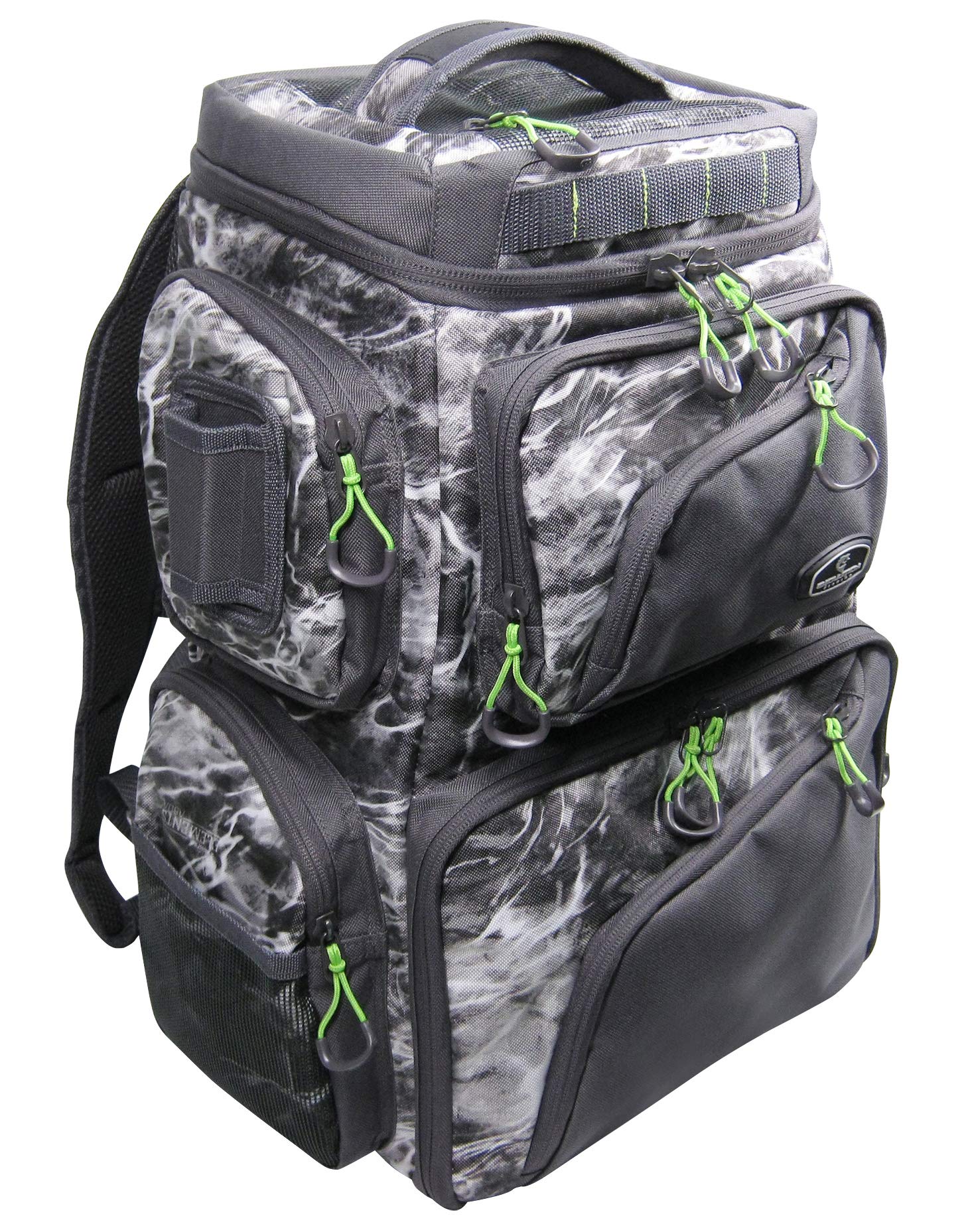 Evolution Fishing Largemouth Double Decker 3600 Tackle Backpack - Water Camouflage Design, Outdoor Fishing Backpack with 3 Removable Trays & Padded Handle, Durable Tackle Storage for Bass Fishing | Perfect for Shore Fishing, Kayak Fishing & Camping Trips