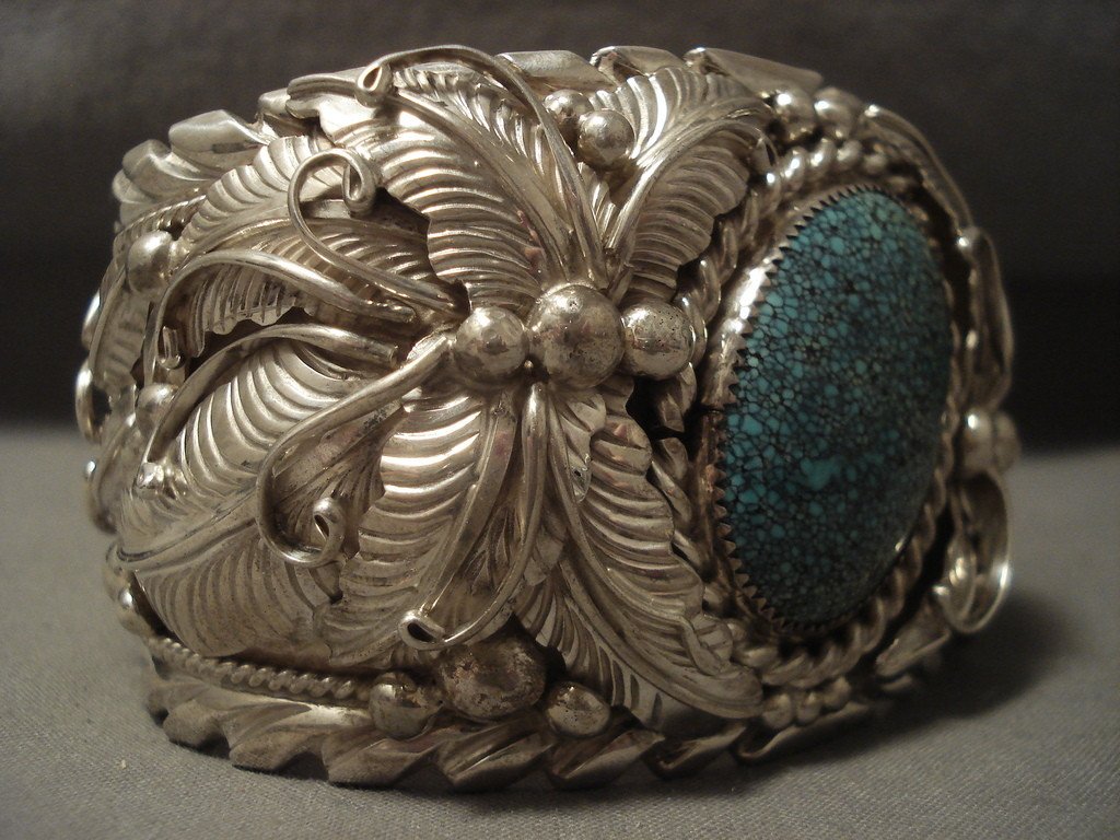 167g 'Forest of Leaves' Domed Spiderweb Turquoise Native American Silver Bracelet - Handmade Jewelry for Boho & Southwest Style Outfits