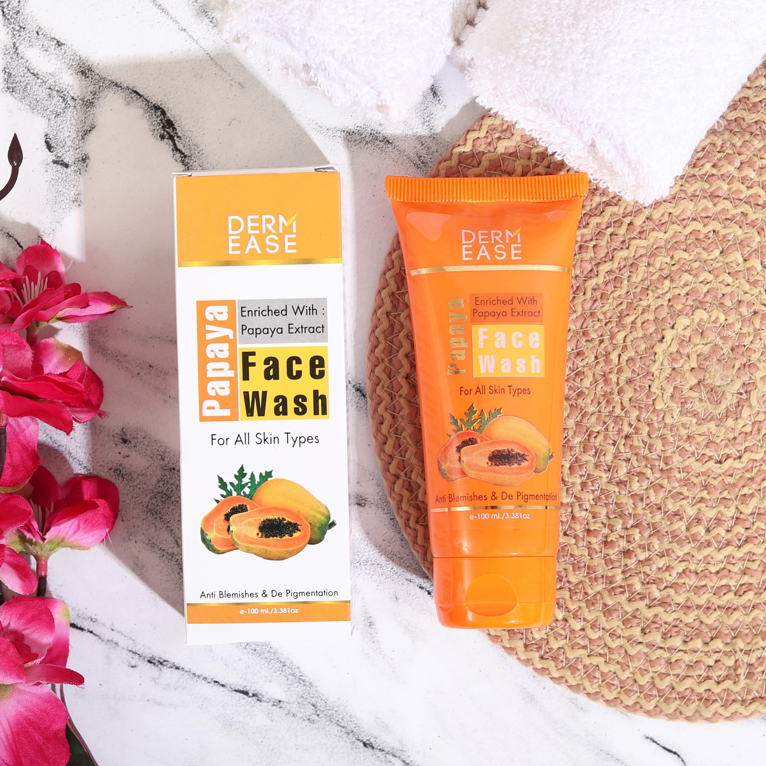 DERM EASE Papaya Face Wash for Acne & Brightening - 100ml Gentle Cleanser for Oily & Sensitive Skin | Daily Skincare Routine, Travel-Friendly Tube