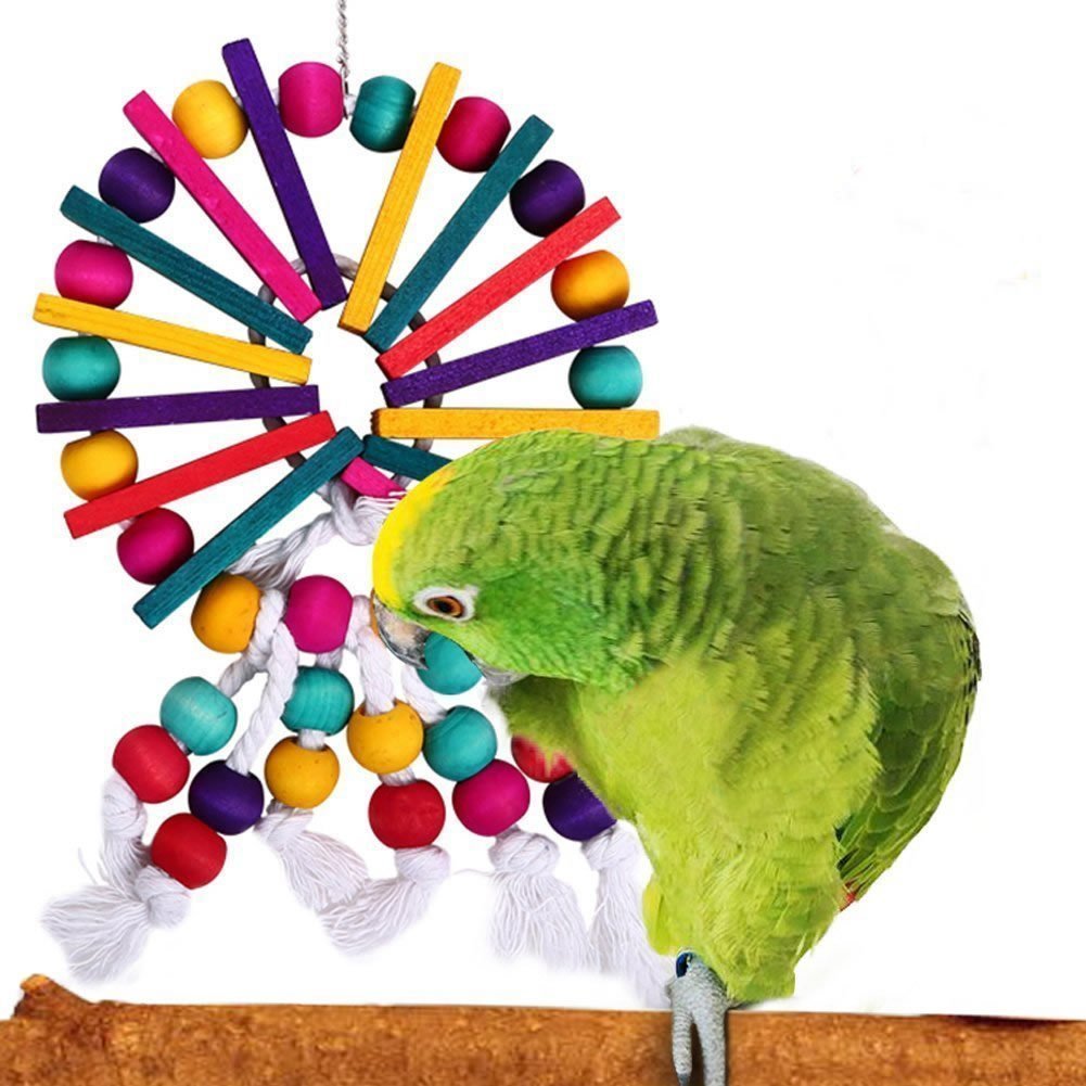 Hypeety Natural Wood Beads Bird Chew Toy - Cage Hanging Accessories with Bell for Parrots, African Grey, Macaw, Parakeet, Conure, Cockatiel | Perfect for Playtime & Mental Stimulation