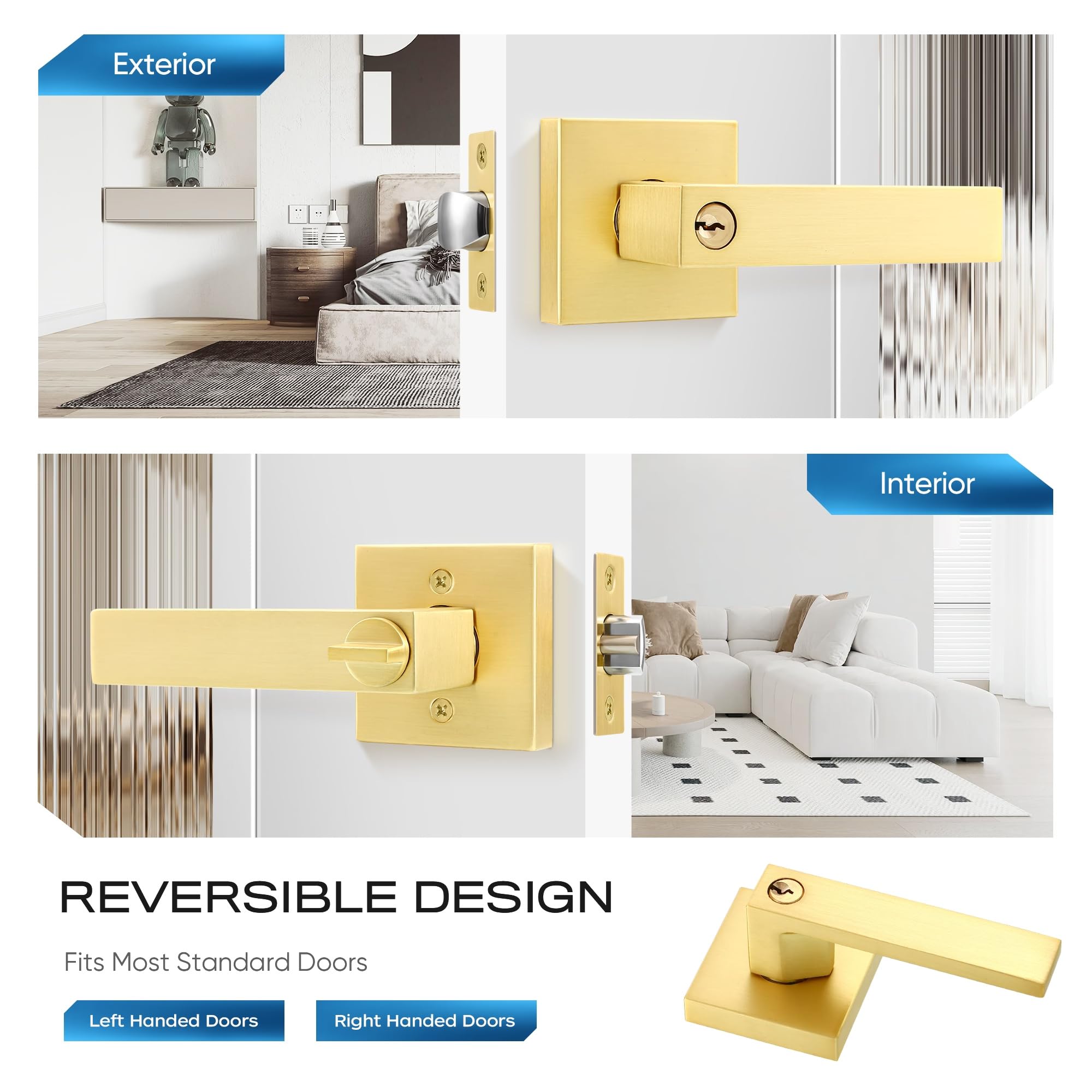 1 Pack Heavy Duty Square Door Lock with Key - Gold/Satin Brass Finish - Reversible Handle for Left/Right Hand (Different Keys) - Ideal for Home, Office & Commercial Security