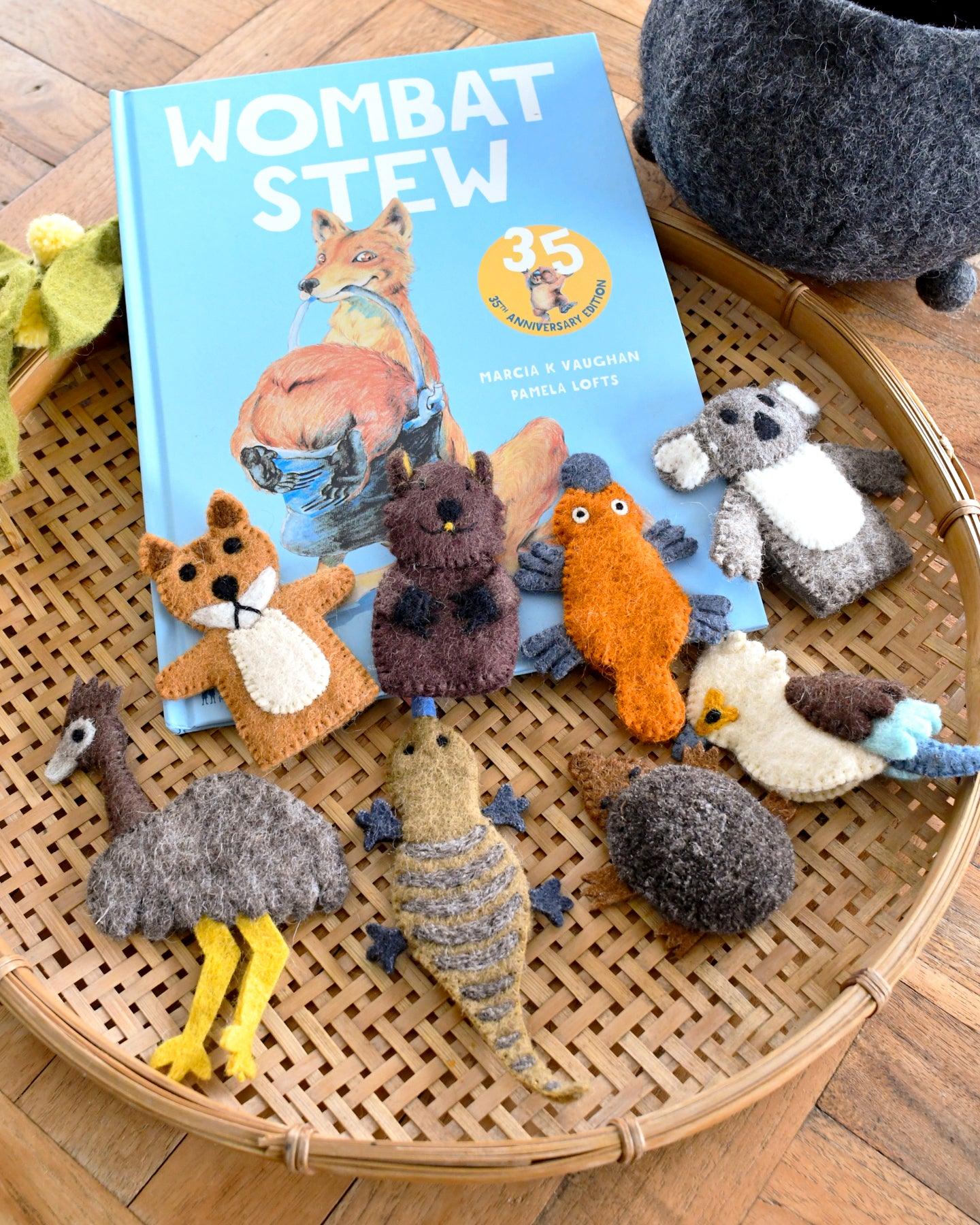 Wombat Stew Finger Puppets Set - 6 Piece Australian Animal Puppets for Kids Storytelling & Early Education - Perfect for Classroom Activities & Bedtime Stories