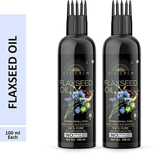 Desi Crew 100% Pure Cold Pressed Flaxseed Hair Oil with Comb Applicator - No Mineral Oil & Silicones - Natural Hair Growth & Scalp Treatment - 100mL (Pack of 2) for Dry, Damaged Hair & Skin Care - Perfect for Daily Nourishment & Styling