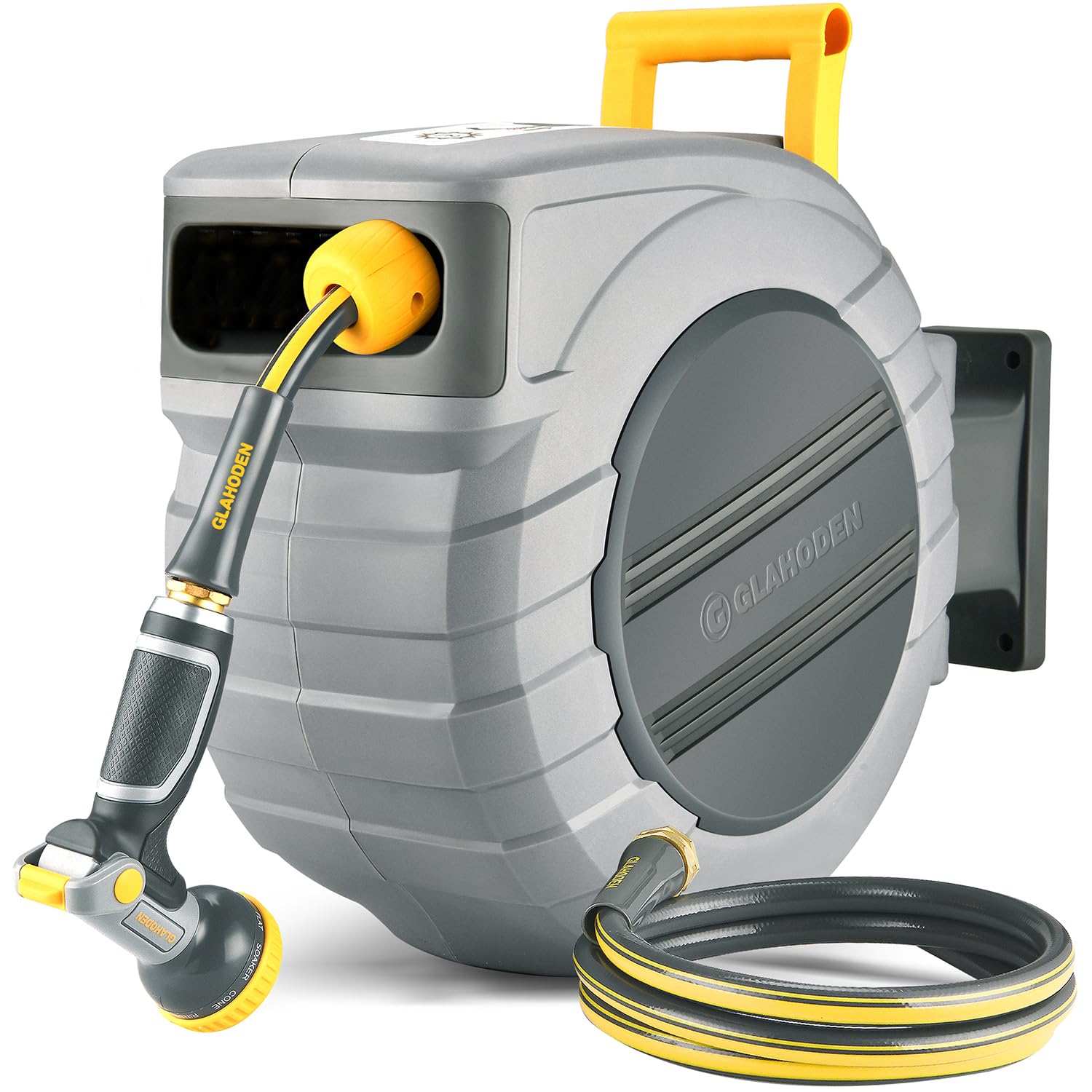2025 Upgraded 65ft Retractable Garden Hose Reel with Dual Ratchet Lock - 5/8 Inch Heavy Duty Expandable Hose with UV & Freeze Protection, Brass Seal, Slow Retraction & Anti-Tangle Design - 180° Swivel Wall Mount for Lawn, Yard, Car Washing & Outdoor Watering