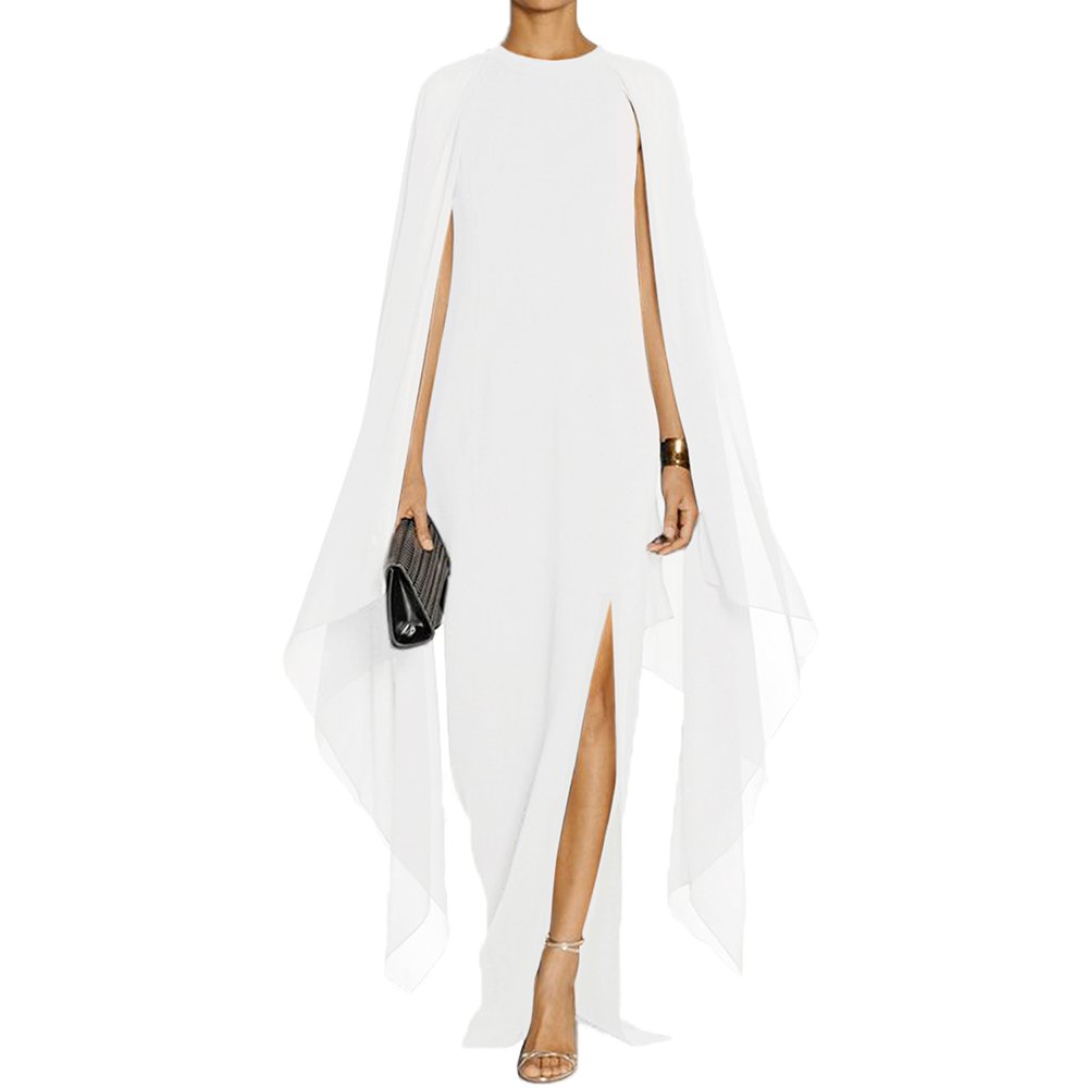 MAYFASEY Women's Elegant High Slit Flare Sleeve Formal Evening Gown Maxi Dress with Cape - Perfect for Prom, Wedding Guest & Black Tie Events