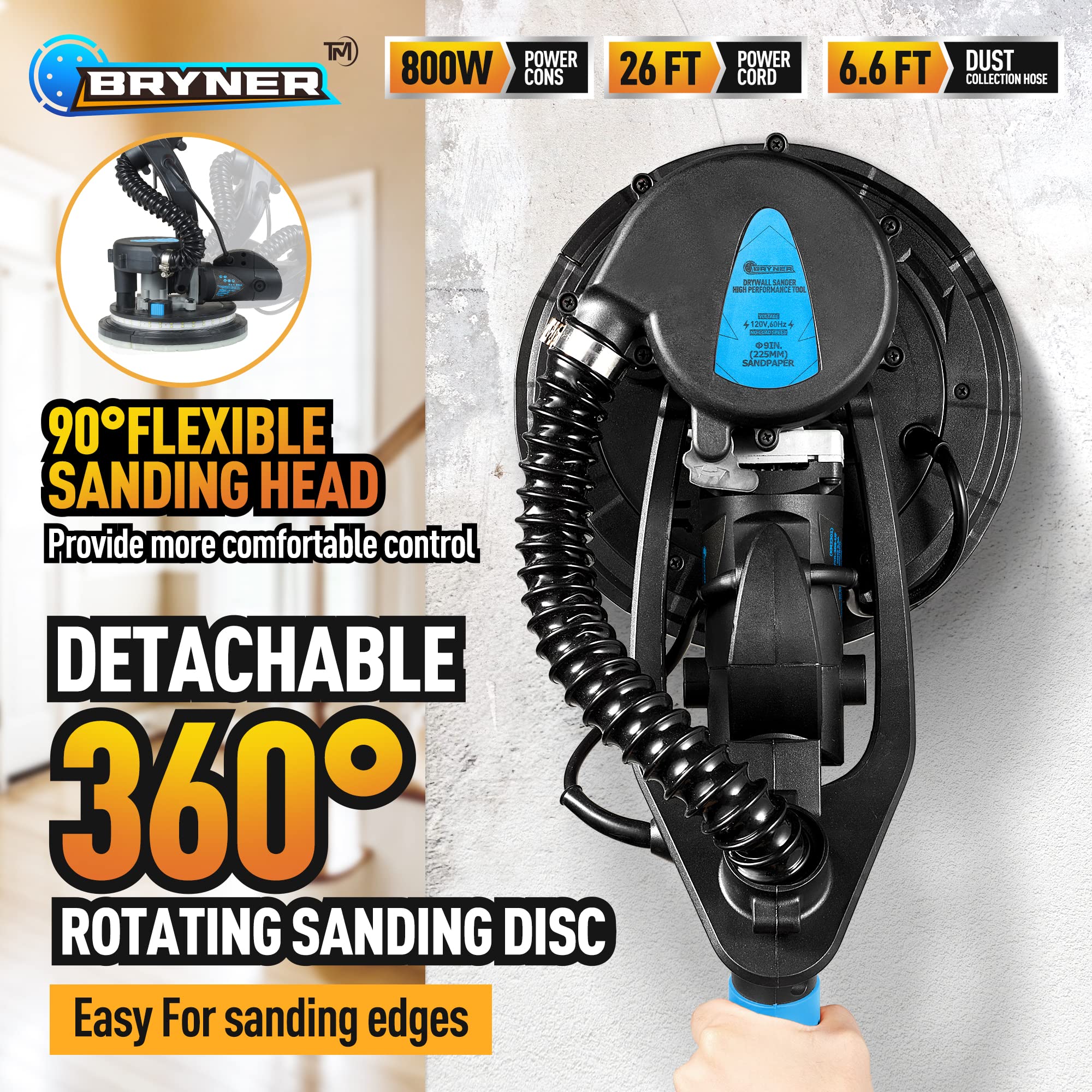 Electric Drywall Sander 800W with Vacuum - 95% Dust Removal, 12 Sanding Discs & LED Light - 6-Speed Adjustable (500-1800 RPM) - Perfect for Home Renovation, Wall Smoothing, and Professional Construction Projects