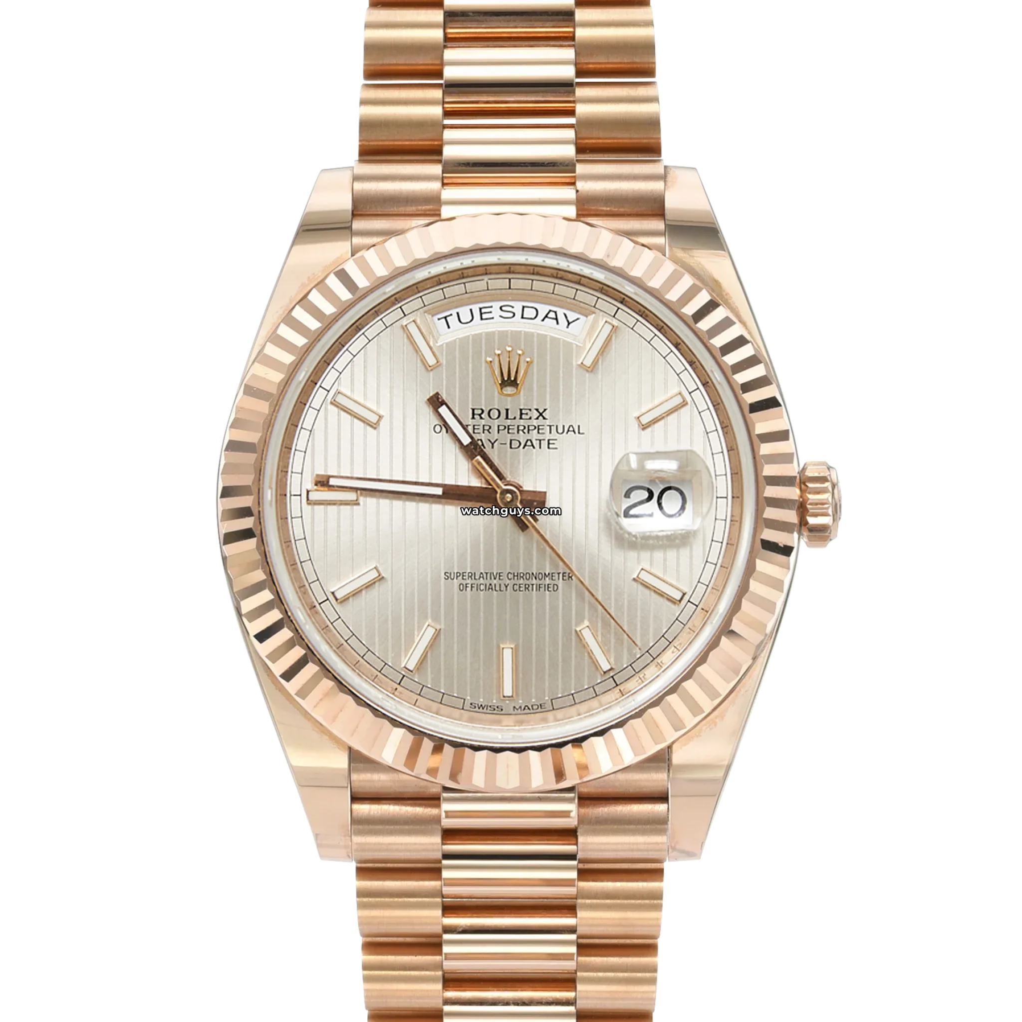 Luxury Rolex Day-Date 228235 Watch - 18K Rose Gold Sundust Dial with Stripe Motif - Perfect for Business Meetings & Special Occasions