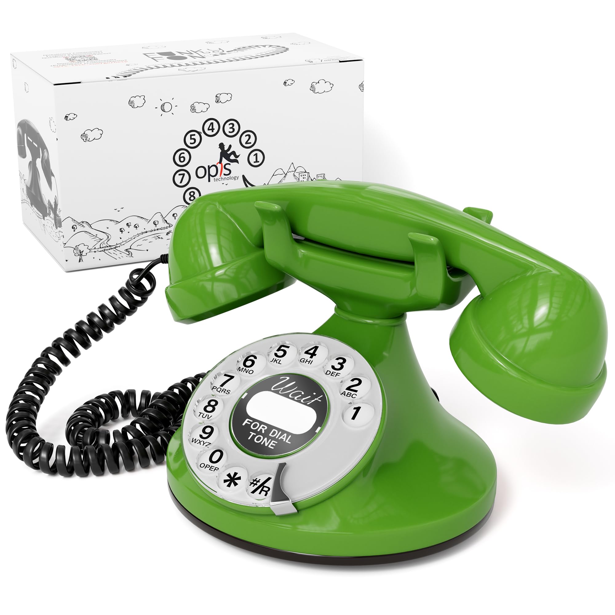 Vintage Green Rotary Phone - Retro Style Landline Telephone with Cable, Funkyfon Opis Design - Perfect for Home Décor, Themed Parties & Vintage Collectors