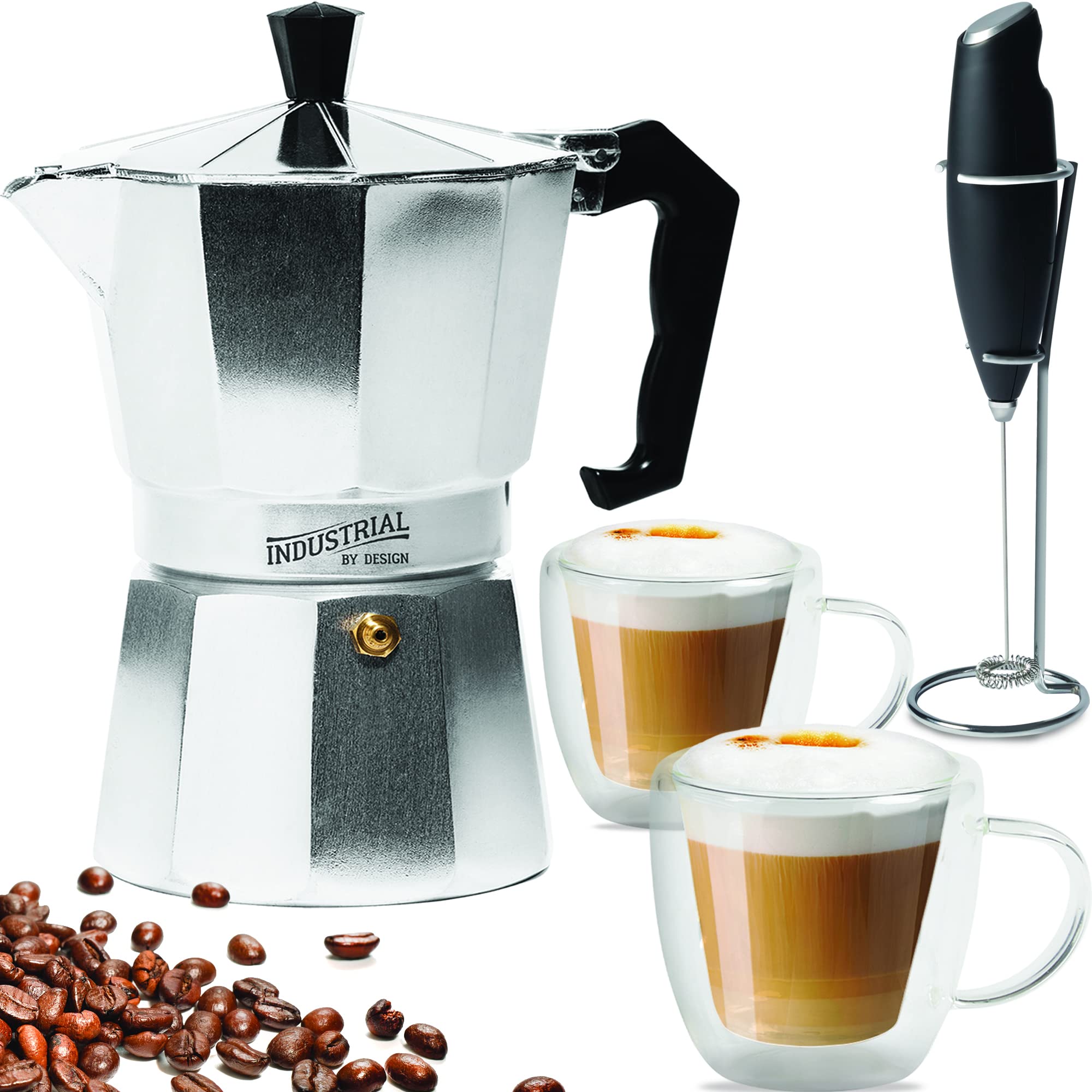 Premium Italian Stovetop Espresso Maker & Coffee Gift Set - 6-Cup Silver Moka Pot with 2 Insulated Mugs & Milk Frother - Perfect for Café Lattes, Christmas Gifts & White Elephant - Ideal for Home Coffee Brewing, Gifting & Office Use
