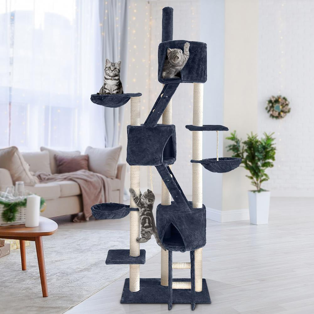 244cm Tall Cat Tree with Scratching Posts & Condo House - Multi-Level Wooden Cat Furniture for Indoor Play, Climbing, and Scratching