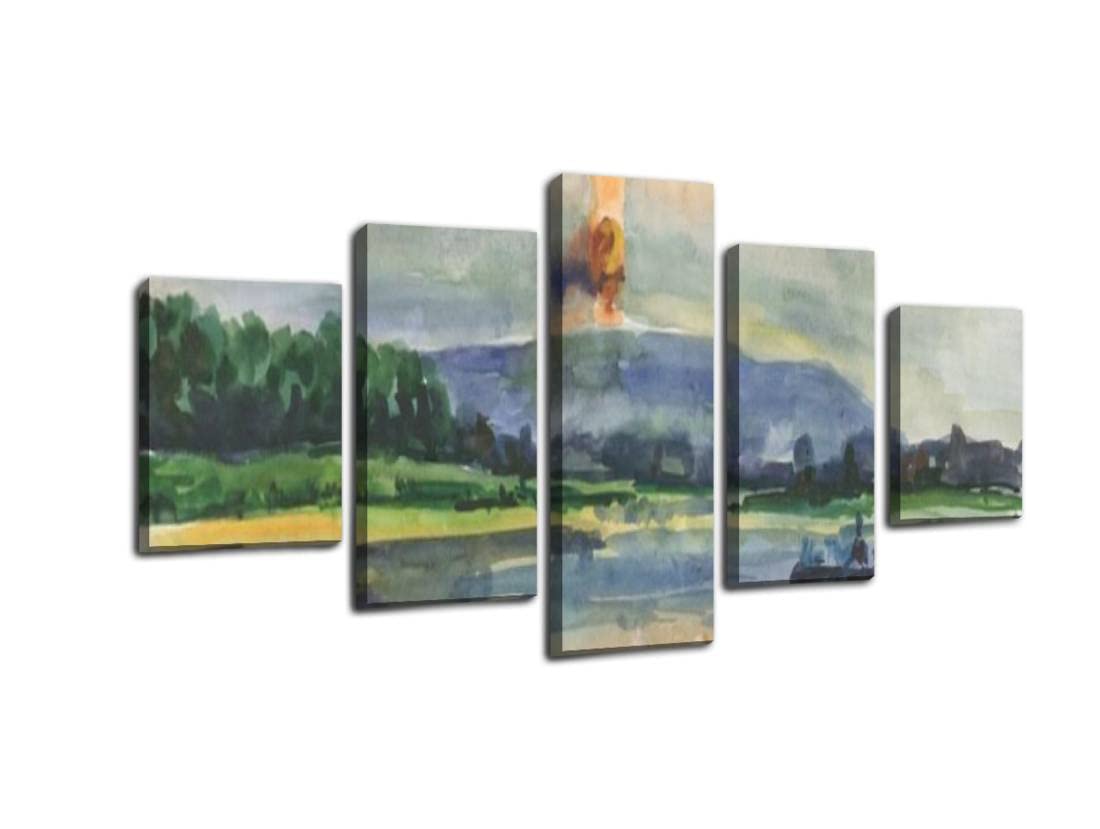 5 Panels Modern Canvas Wall Art - Landscape with River, Mountains & Boat Watercolor Painting - Home Decor for Living Room, Bedroom, Office - Framed & Ready to Hang - Perfect for Housewarming Gifts & Interior Design