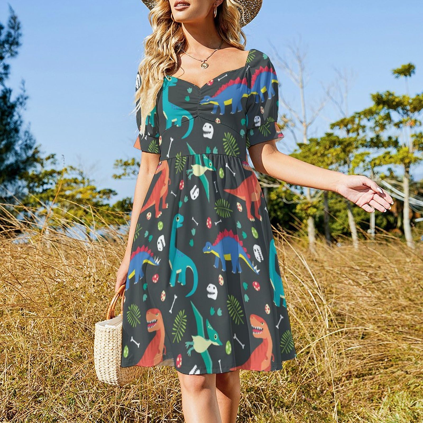 Vibrant Dinosaur Print Women's Short Sleeve Square Neck Party Dress - Swing Midi Dress for Beach, Summer Outings & Casual Wear