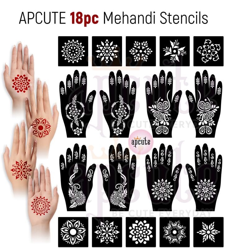 APCUTE Temporary Mehndi Tattoo Kit - 18 Piece Henna Stencil Set for Women, Girls & Kids | Easy 4-Step Application | Perfect for Weddings, Festivals & DIY Body Art