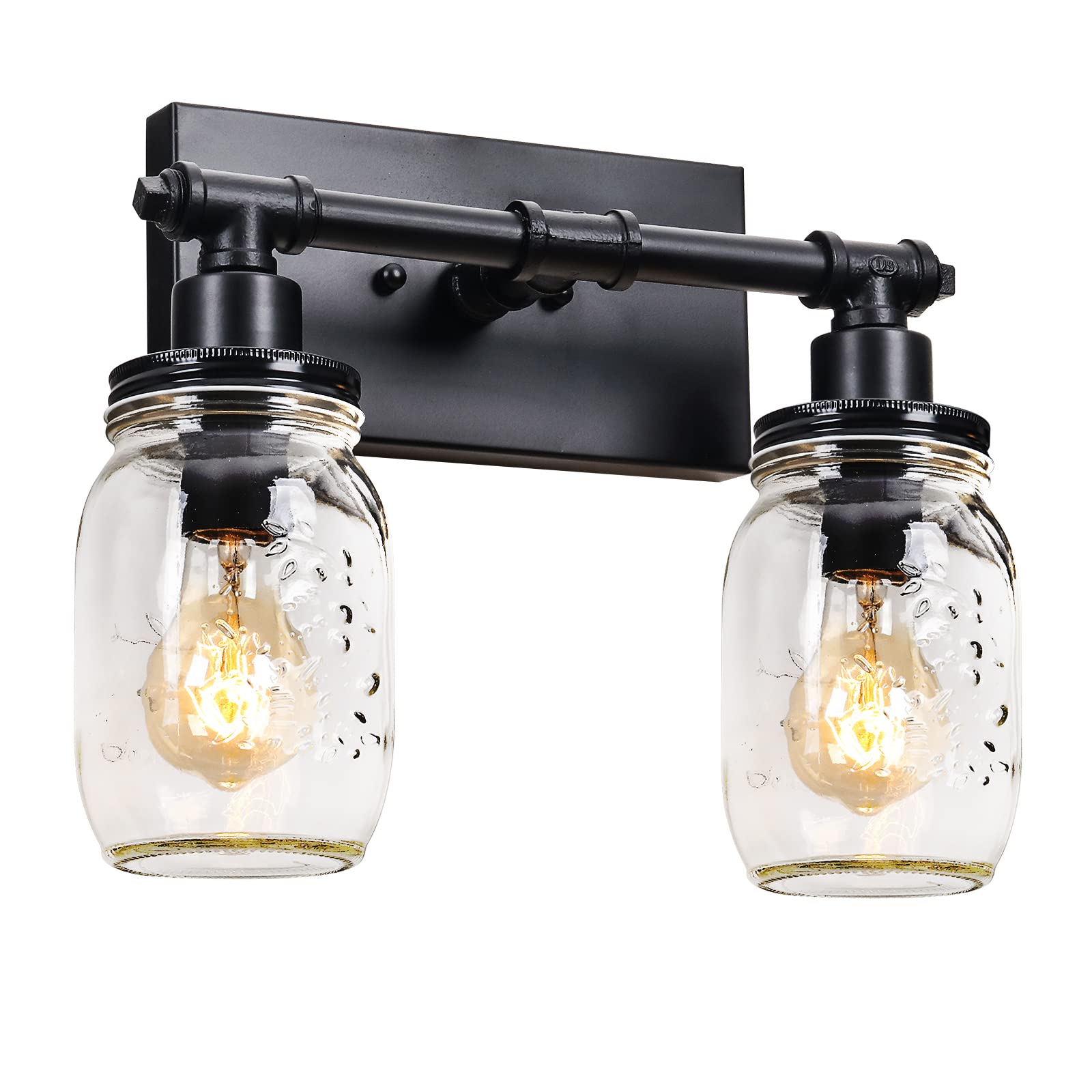 Vintage Industrial Farmhouse Mason Jar Vanity Light Fixture - 2-Light Black Wall Sconce for Bathroom & Kitchen | Rustic Pipe Wall Mount Lamp for Modern Farmhouse Decor, Industrial Style Homes & Vintage Themed Spaces