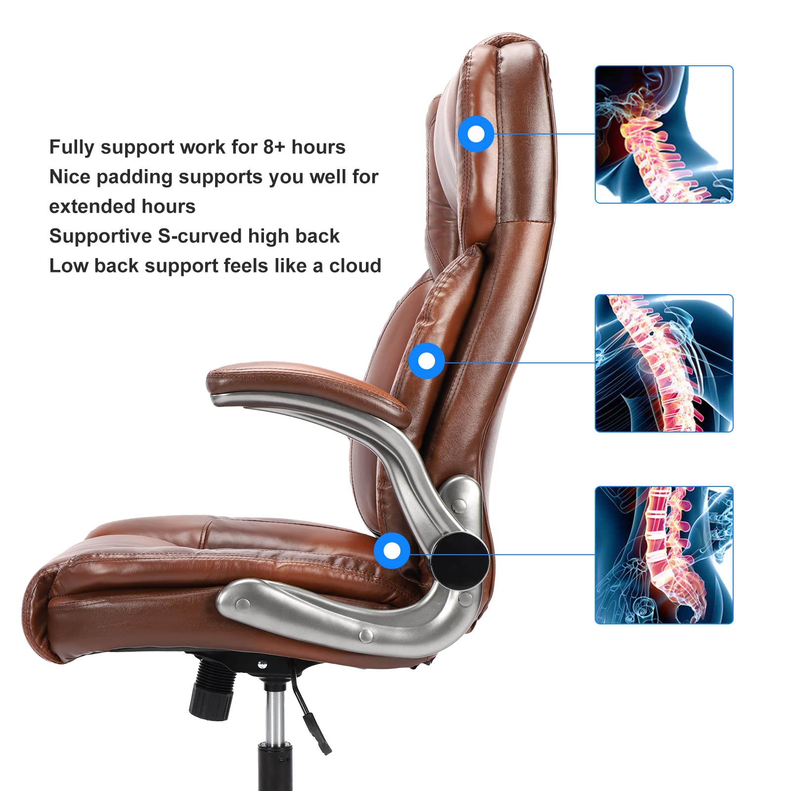 Premium Brown Leather Executive Office Chair with Flip-Up Arms, High Back Ergonomic Design & Lumbar Support - 90-120° Reclining Swivel Task Chair with Wheels for Home Office, Conference Rooms & Workspaces