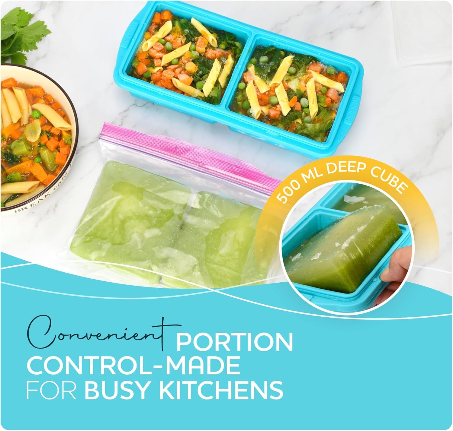 Extra Large Silicone Freezer Tray with Lid - 2-Cup Soup Freezer Container Molds (2-Pack) - Makes 4 Perfect 500ml Portion Cubes for Soup, Stew & Sauce - Oven & Dishwasher Safe - Ideal for Meal Prep, Baby Food Storage & Bulk Cooking