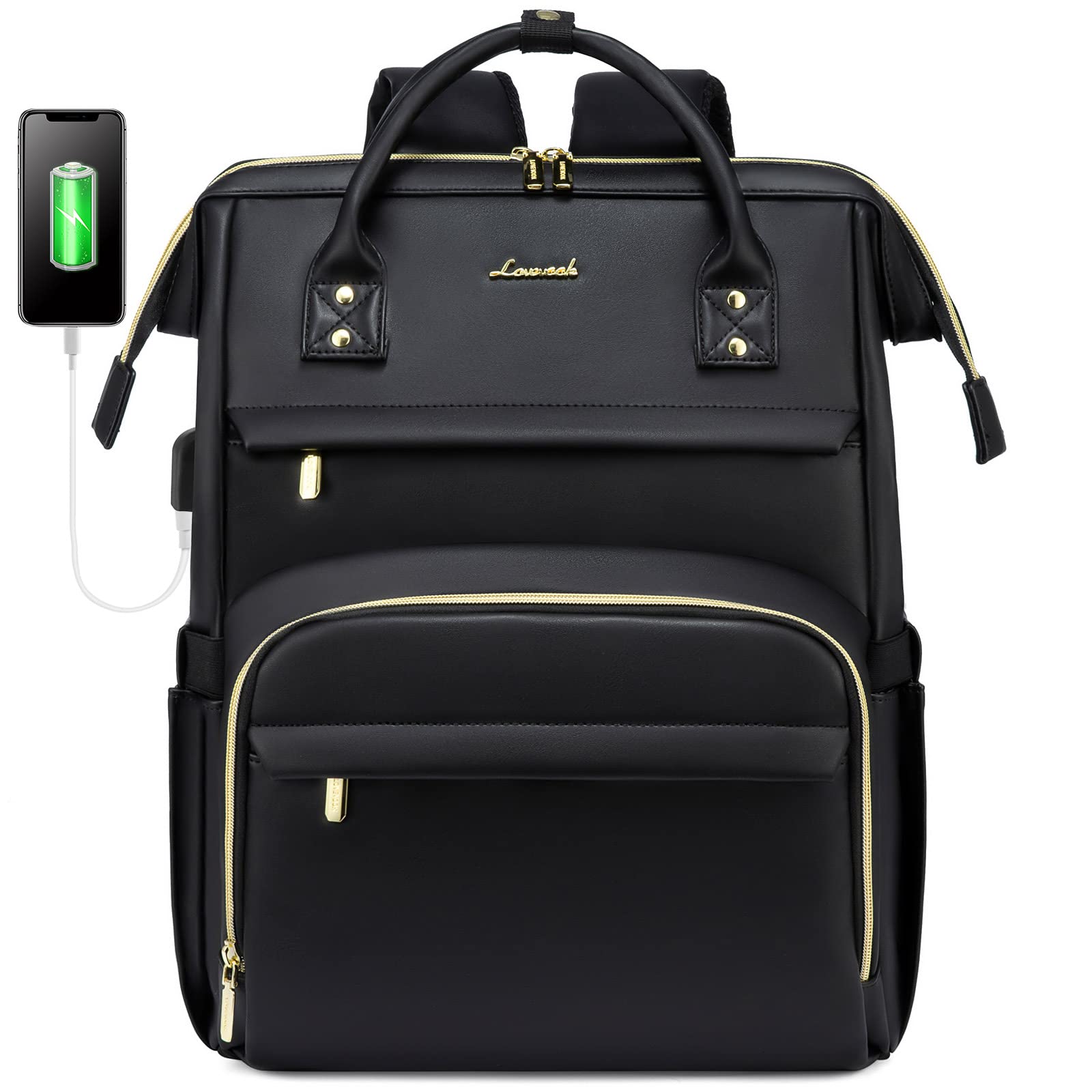 LOVEVOOK Leather Laptop Backpack for Women 15.6 inch, Stylish Travel Backpack Purse for Nurse, Teacher & College Students, Professional Business Work Bag with USB Port, Perfect for Commuting, Office & Campus Use, Black