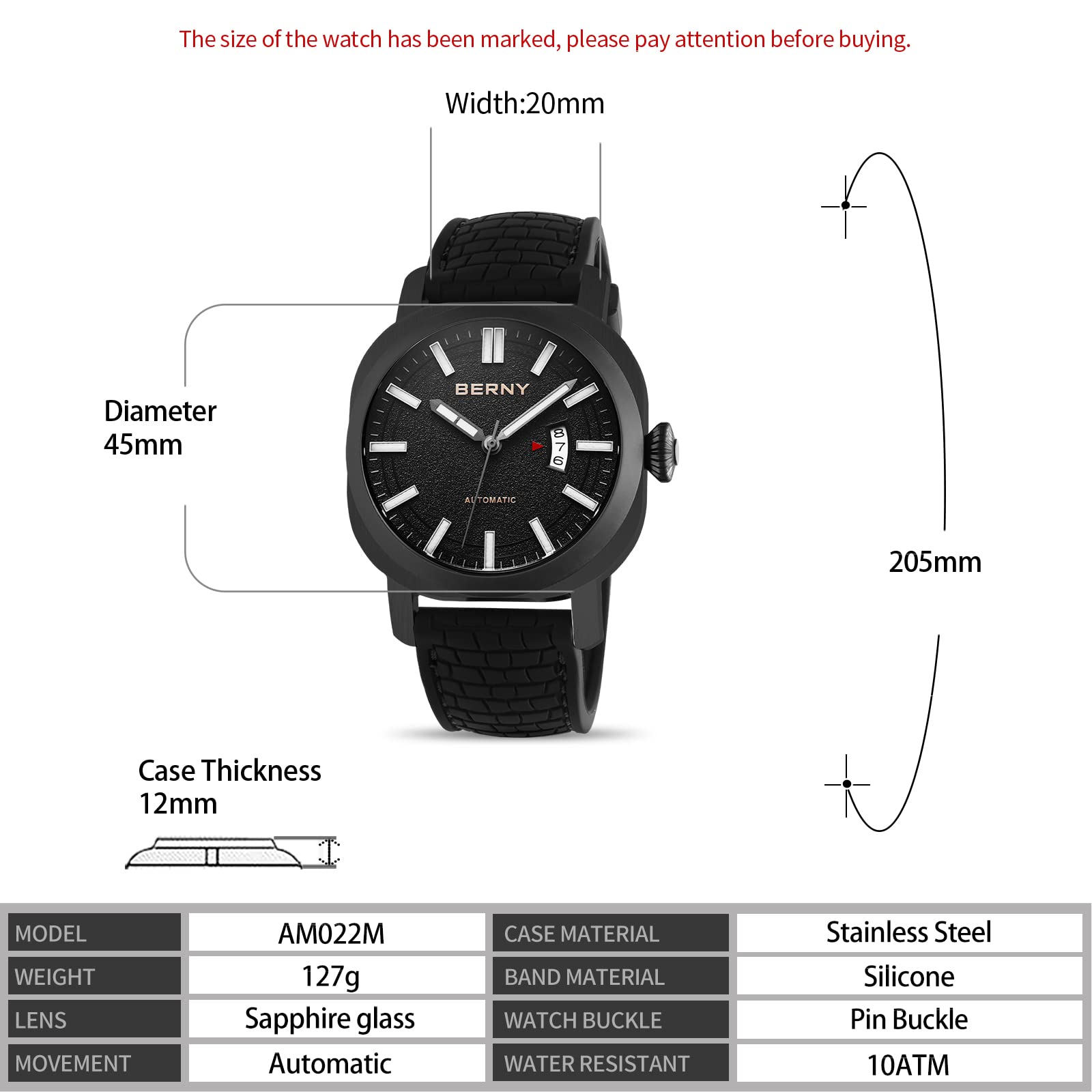 BERNY Men's Automatic Mechanical Watch - Japanese Self Winding Movement, 10ATM Water Resistant, Sapphire Crystal Glass with Date Display & Super Luminous Hands - No Battery Needed | Perfect for Business, Casual Wear & Outdoor Activities