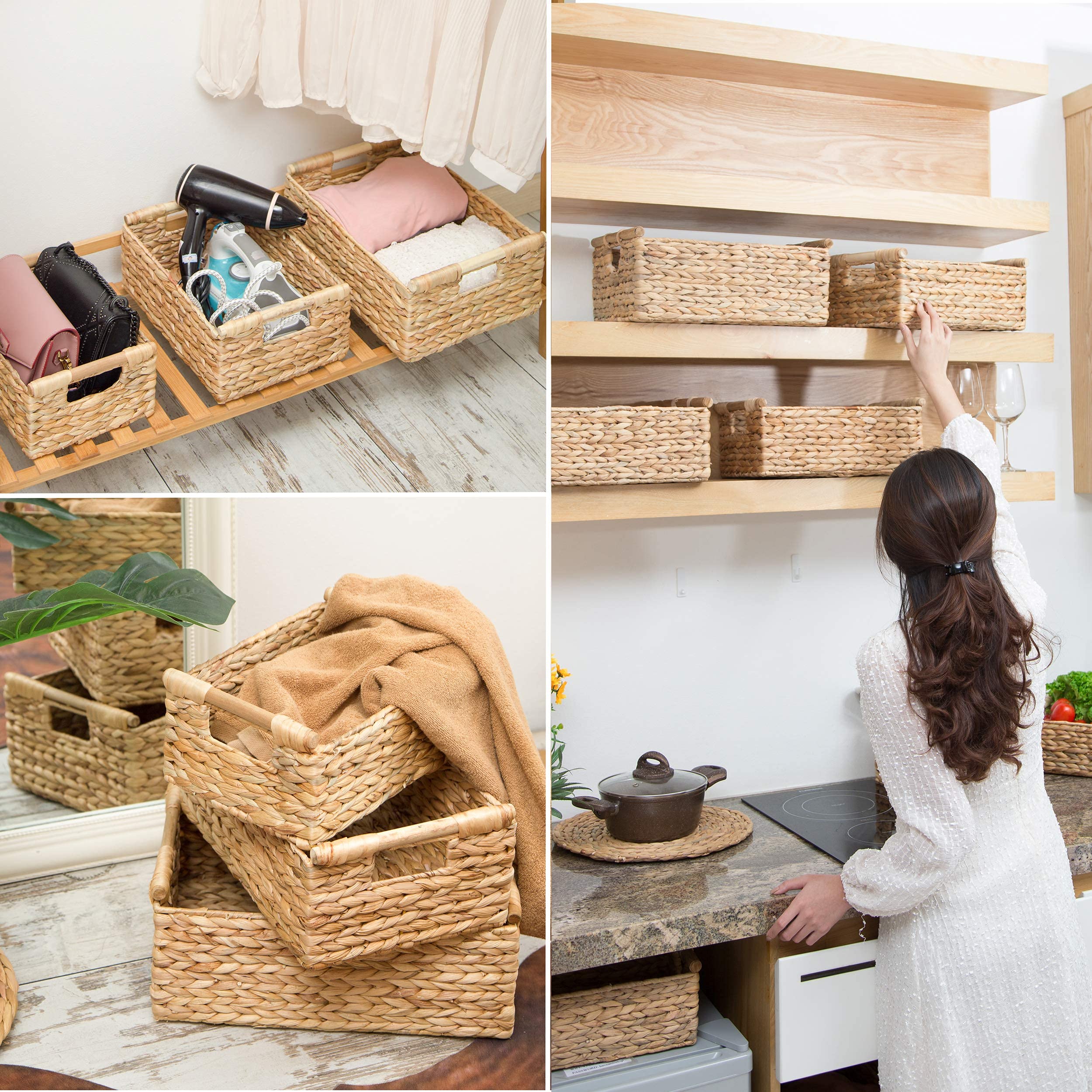 Natural Wicker Storage Baskets with Wooden Handles - Water Hyacinth & Seagrass Rectangular Organizing Bins for Shelves, Closet, and Home Decor | Perfect for Bedroom, Bathroom, and Living Room Storage Solutions