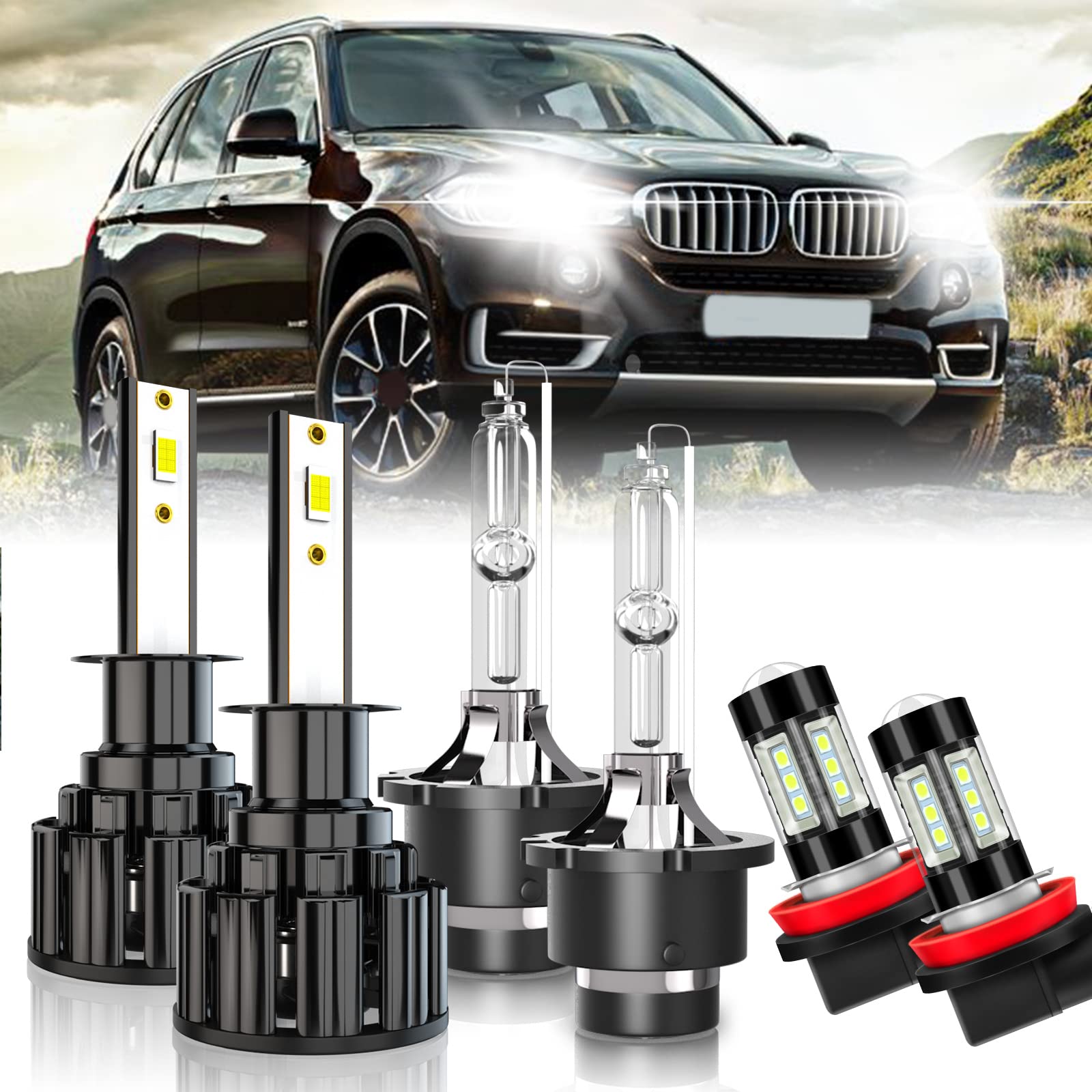 2005-2006 BMW X5 LED Headlight Bulbs Kit - H1 High Beam, D2S Low Beam & H11 Fog Lights - 60W 10000LM 6000K Xenon White Super Bright - Plug & Play LED HID Replacement (Pack of 6) - Perfect for Night Driving & Foggy Conditions