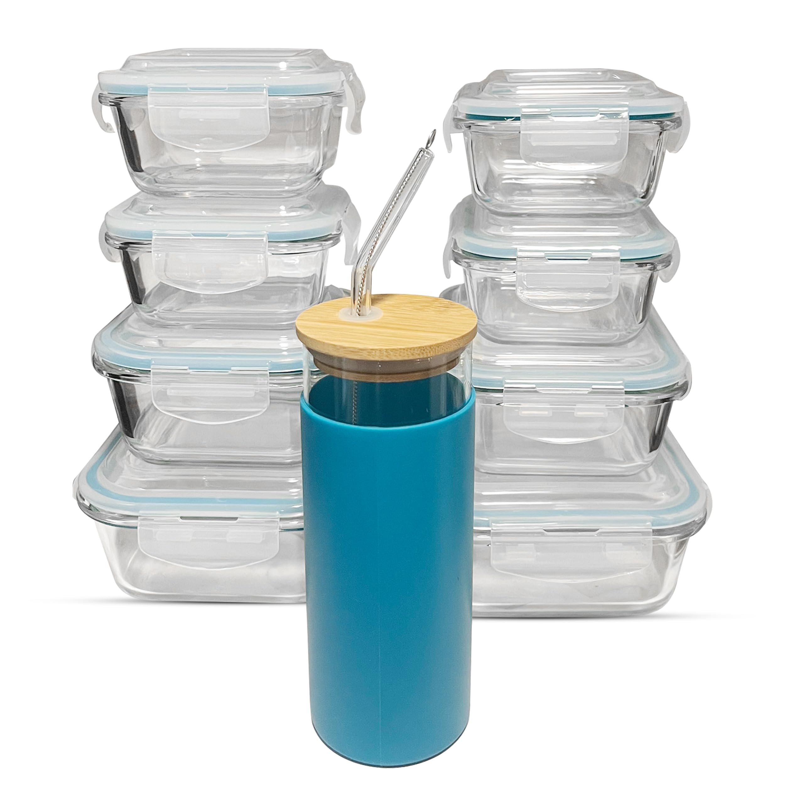 16-Piece Airtight Food Storage Containers Set with 1 Borosilicate Glass Tumbler - Leakproof, Microwave, Freezer & Dishwasher Safe - Includes Wooden Lid, Glass Straw & Cleaning Brush - Perfect for Meal Prep, Leftovers & Office Lunches