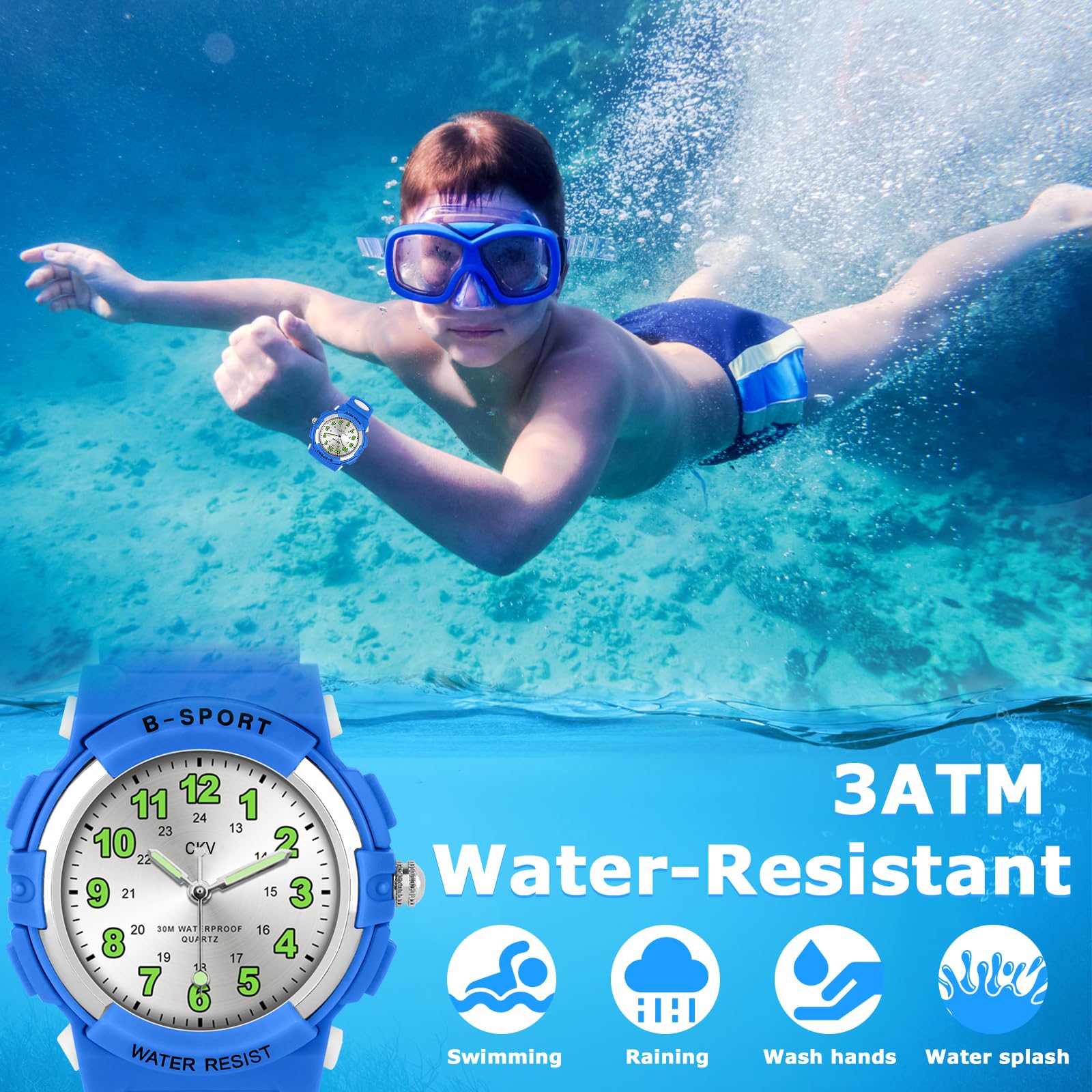 CKV Kids Analog Watch for Boys & Girls Ages 5-12 - Waterproof Sports Watch with Easy-to-Read Dial & Soft Comfort Band - Perfect for School, Outdoor Play & Swimming Activities