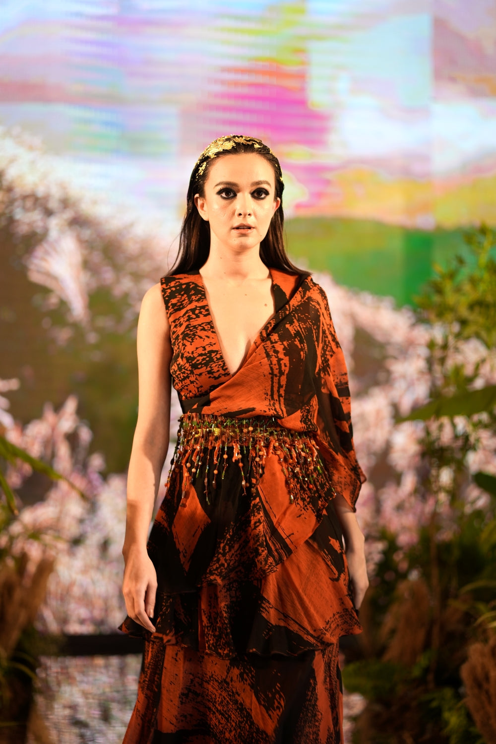 Orange & Black Printed Saree Blouse with Belt Set - Elegant Indian Ethnic Wear for Weddings & Festivals