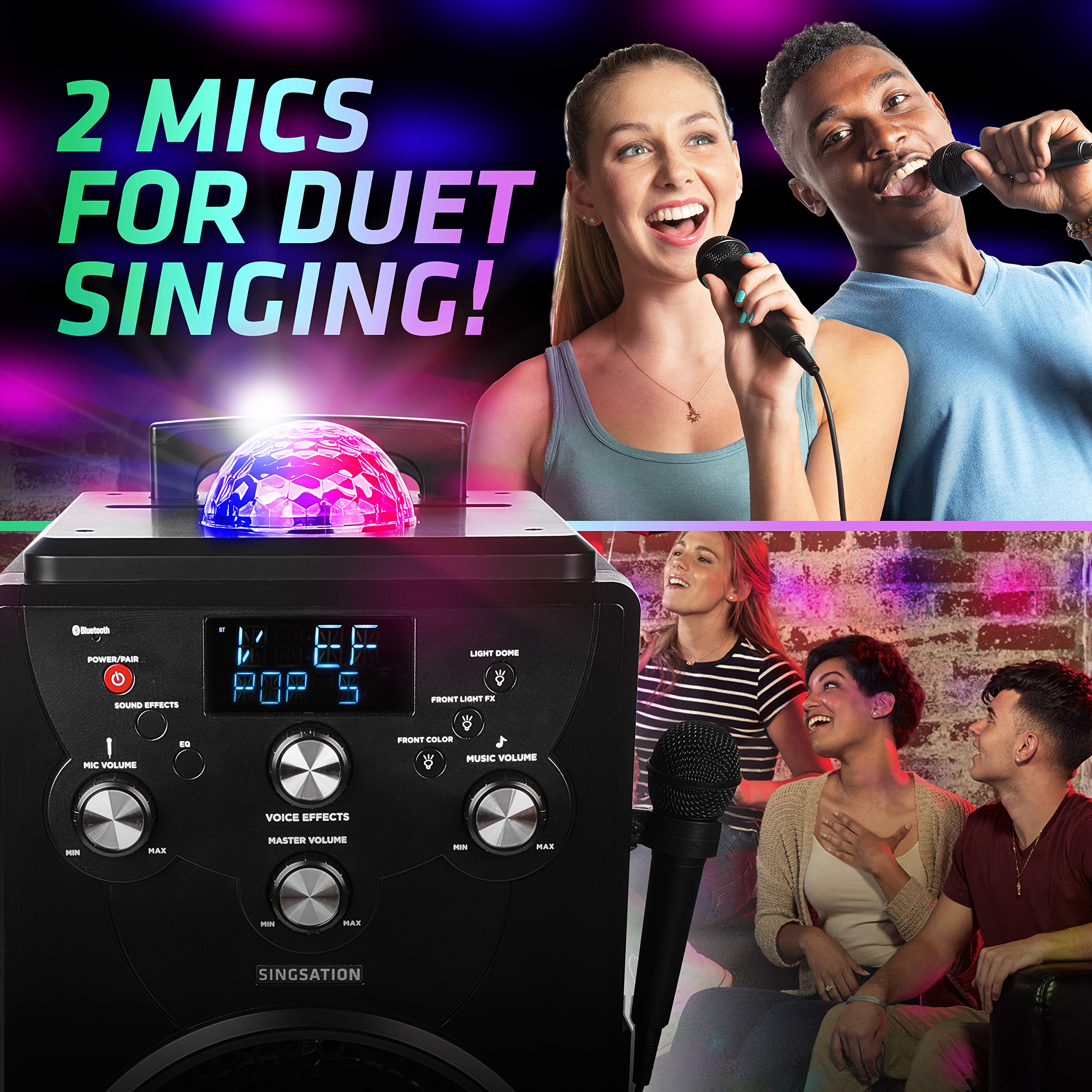 Singsation Professional Karaoke Machine - Portable Bluetooth Karaoke System with 60 Voice Effects, 10 Sound Modes, 25 LED Light Show, 2 Wireless Mics (Black) - Perfect for Home Parties, Family Gatherings & Professional Performances