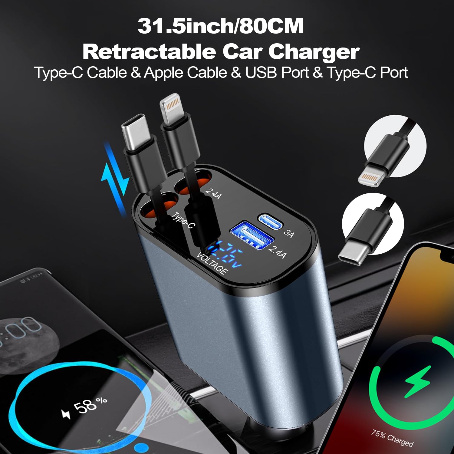 66W Retractable Car Charger with 4-in-1 Fast Charging - USB C & Lightning Cable Car Adapter for iPhone 15/14/13/12 Pro Max, iPad, Galaxy S23 - Perfect for Road Trips & Daily Commutes