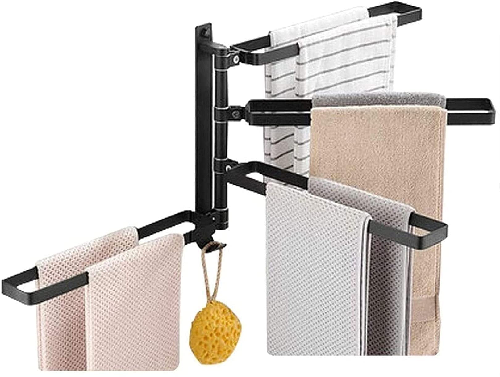 2024 Premium Swivel Chrome Aluminum Wall Mounted Towel Rack with 4 Adjustable Bars & Hooks - Space Saving Bathroom/Kitchen Organizer for Towels, Robes & Accessories (Black, 4-Bar) - Perfect for Small Spaces, Apartments & Modern Home Decor
