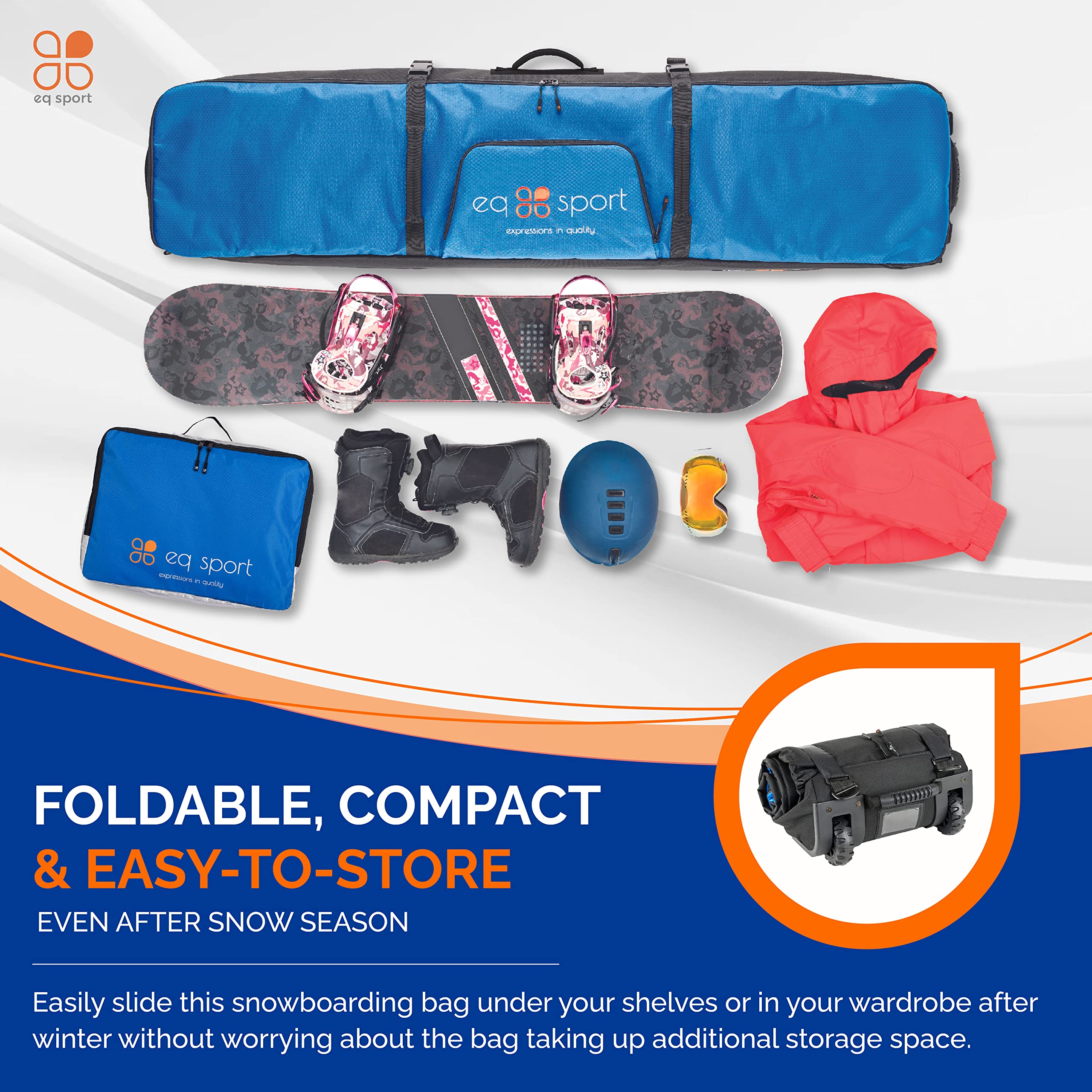 EQ SPORT Waterproof Rolling Snowboard Bag with Wheels - Padded Travel Snowboard Case for Airplane | Fits 2 Snowboards & Includes Boot Bag | Heavy-Duty YKK Zippers & Gear Storage | Perfect for Winter Sports & Mountain Travel