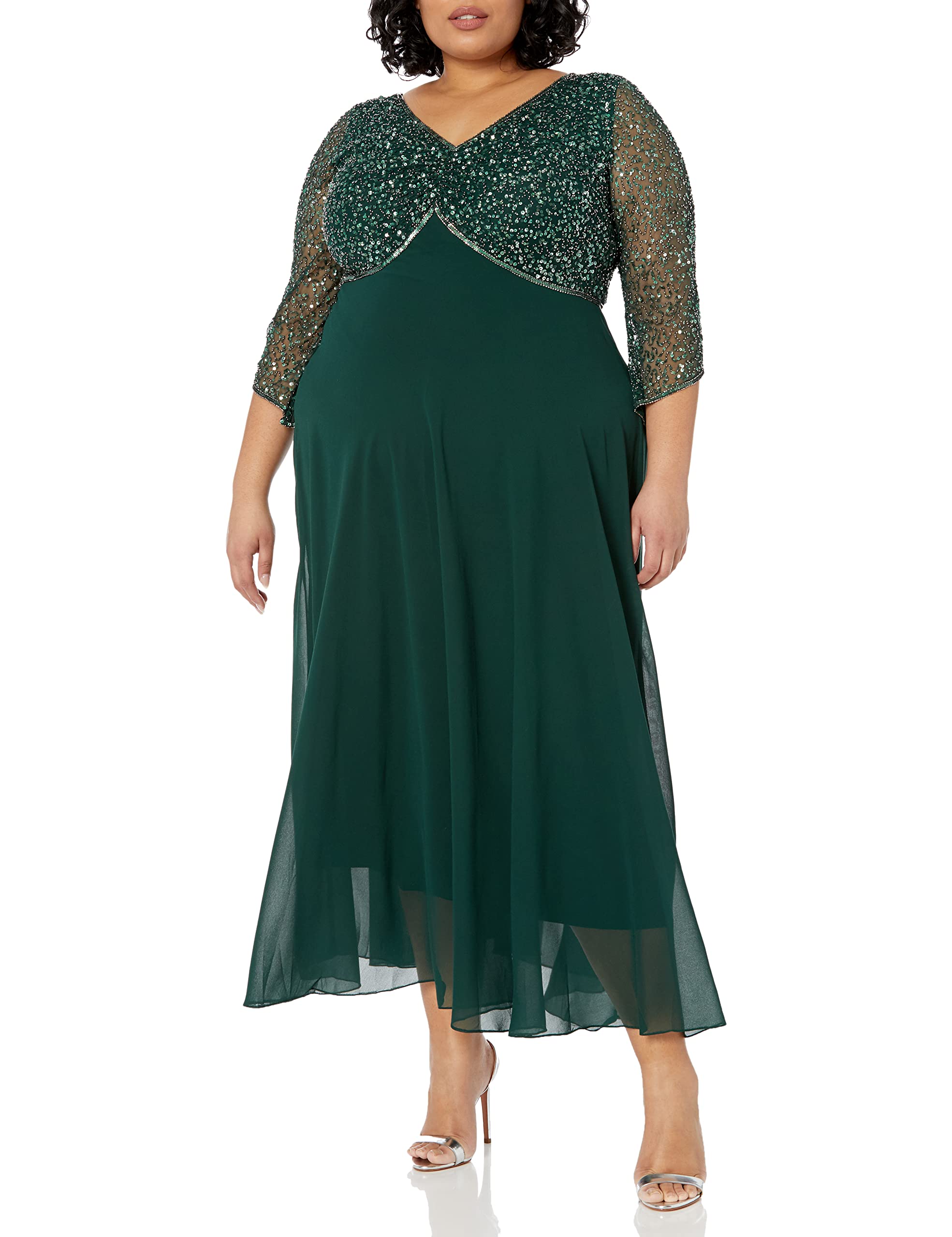J Kara Women's Plus Size 3/4 Sleeve V-Neck Embellished Blouse Tunic Dress for Casual Wear, Office & Special Occasions