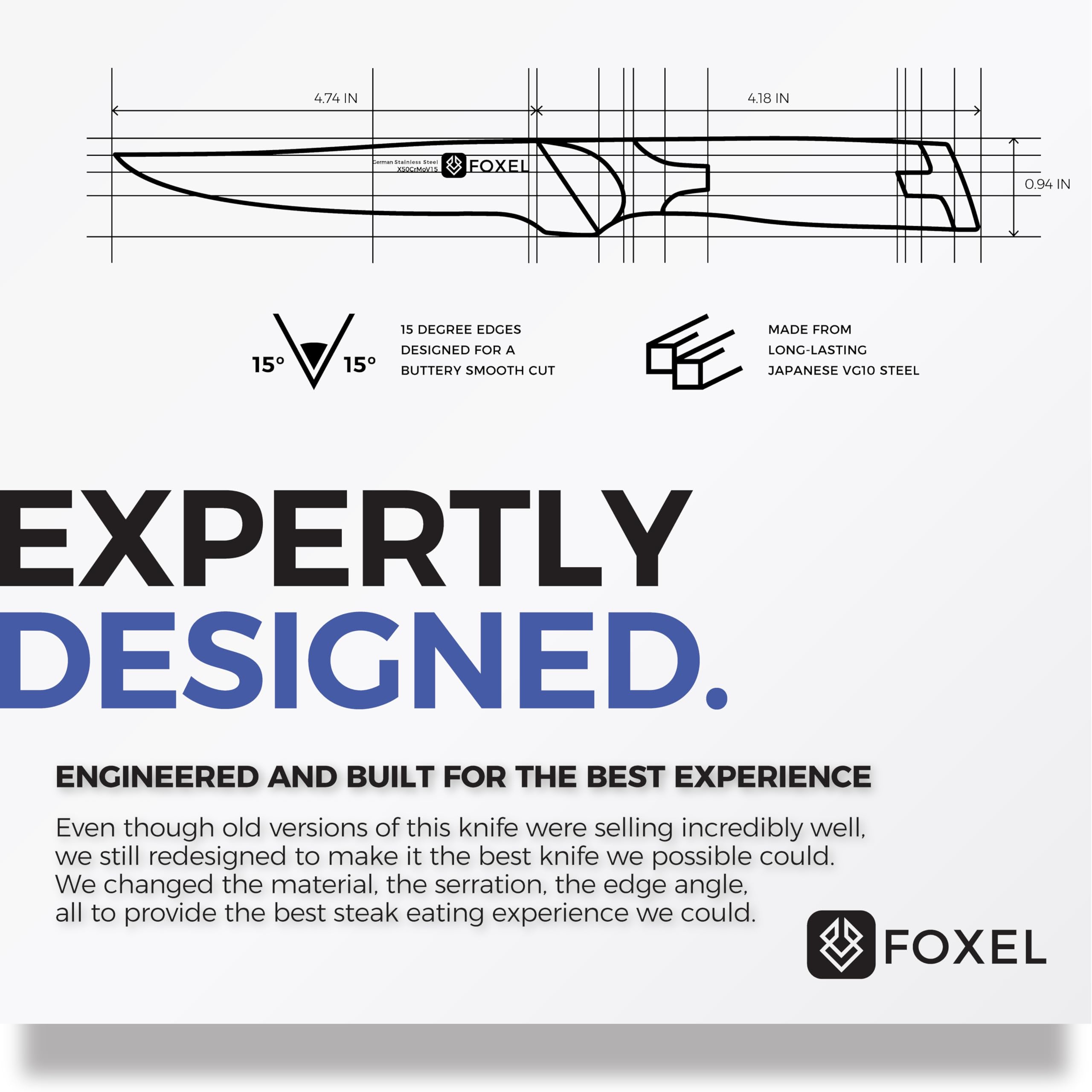 FOXEL Premium Steak Knife Set - 4, 8, or 12 Piece Non-Serrated Straight Edge Razor Sharp Knives - Japanese VG10 Stainless Steel Rust Resistant - Gift Box Included - Hand Wash Only - Perfect for Steak Dinners, BBQ Parties & Fine Dining Experience
