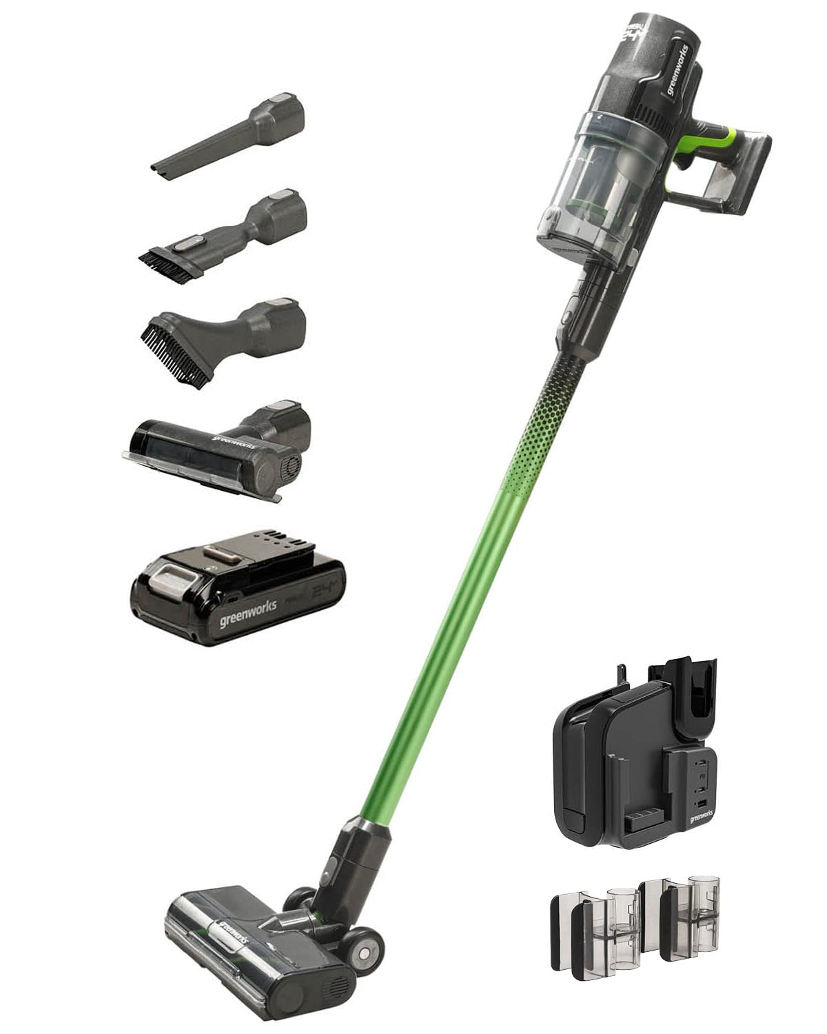 Greenworks 24V Brushless Cordless Stick Vacuum Cleaner - 500W Powerful Suction, Ultra Lightweight Design with LED Lights, Includes 4Ah USB-C Battery & 30-Min Fast Charger (Green) - Perfect for Hardwood Floors, Carpets, Pet Hair & Home Cleaning