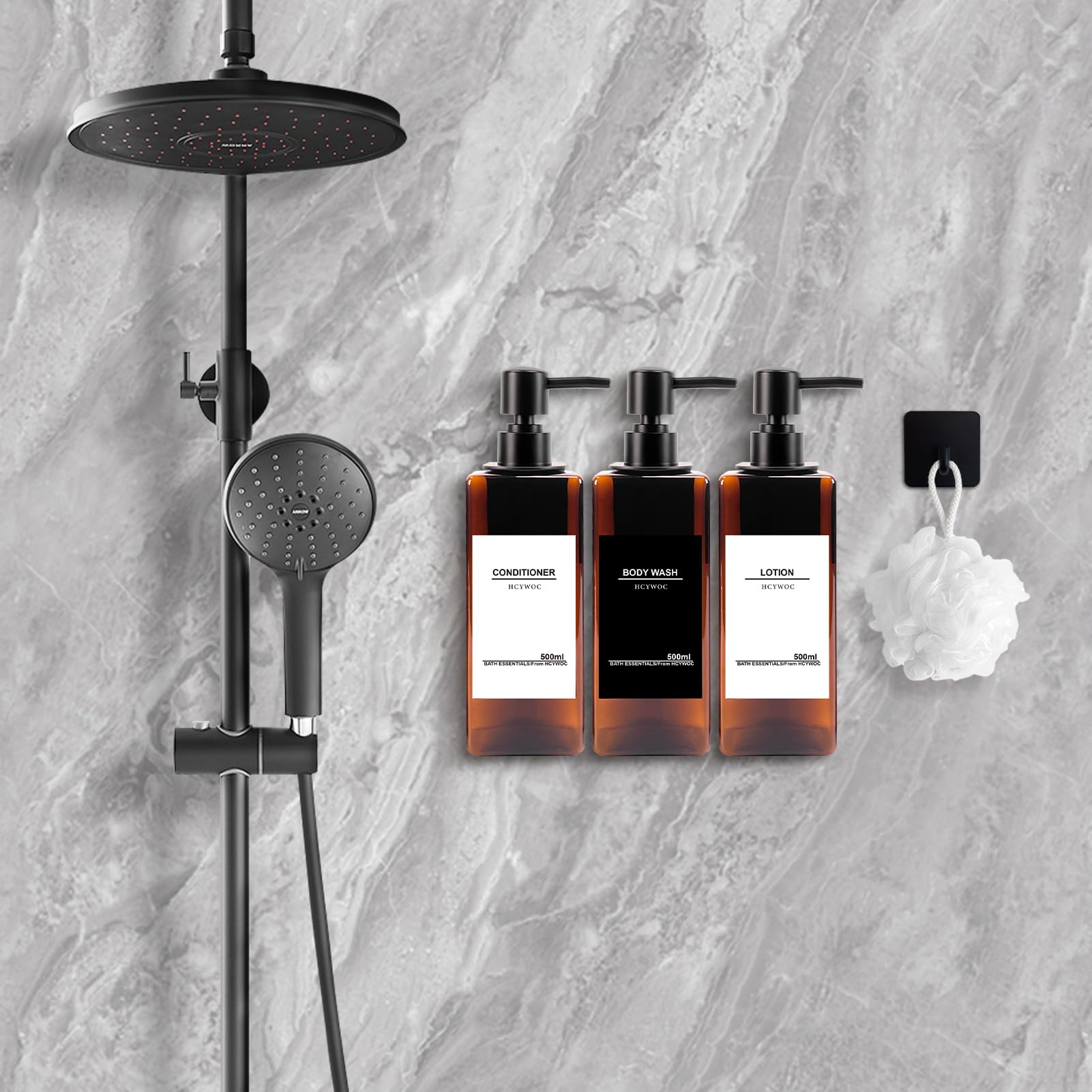 No Drill Shower Wall Mounted Shampoo & Conditioner Dispenser - 3 Chamber 17oz Black Amber, Waterproof Labels Included - Perfect for Bathroom, Gym, Spa & RV Use