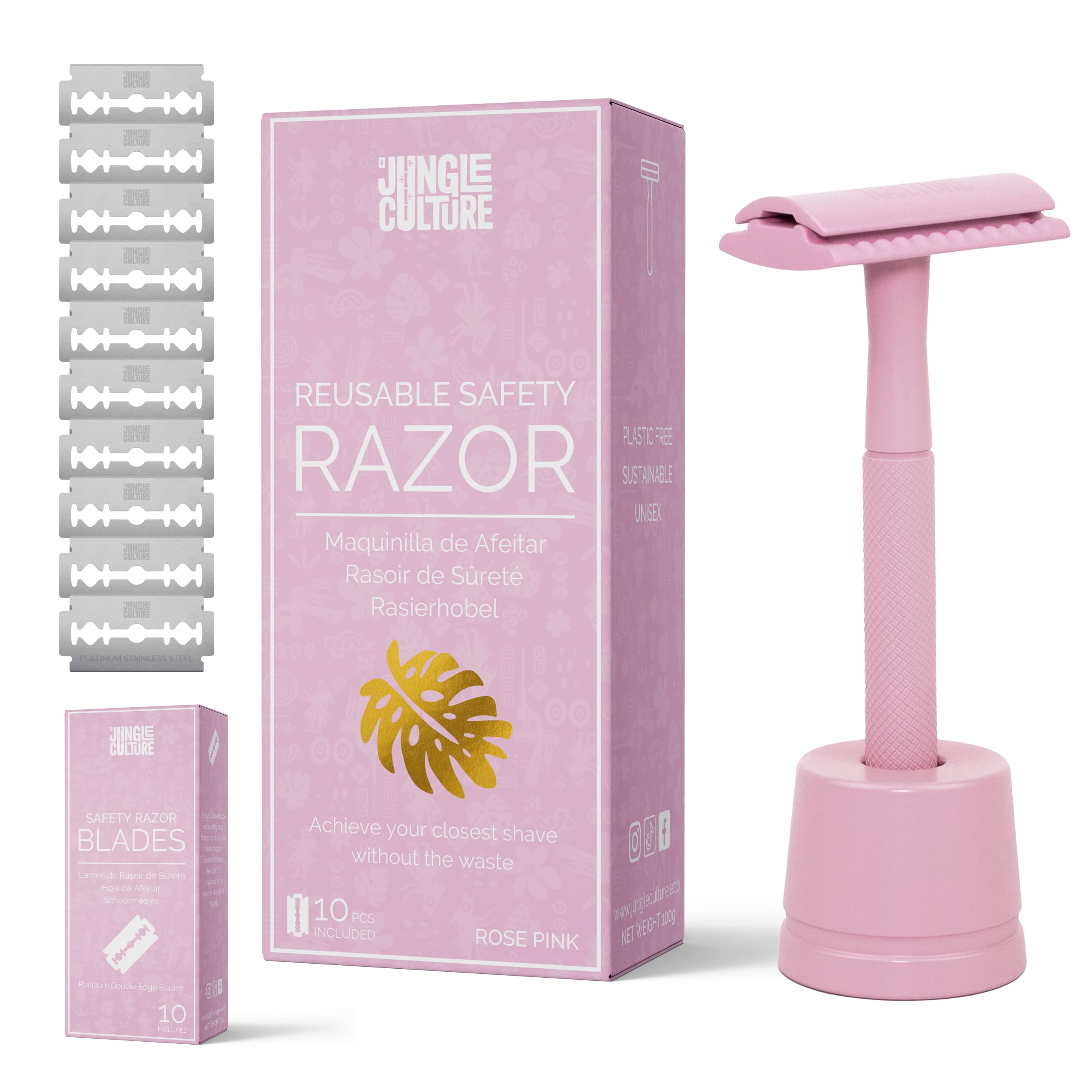 Jungle Culture Stainless Steel Safety Razor & Stand with 10 Double Edge Blades - Eco-Friendly Metal Razor for Women & Men - Face & Body Shaving - Reusable Wet Shaver (Pink) - Perfect for Travel, Home Use & Sustainable Grooming Routine