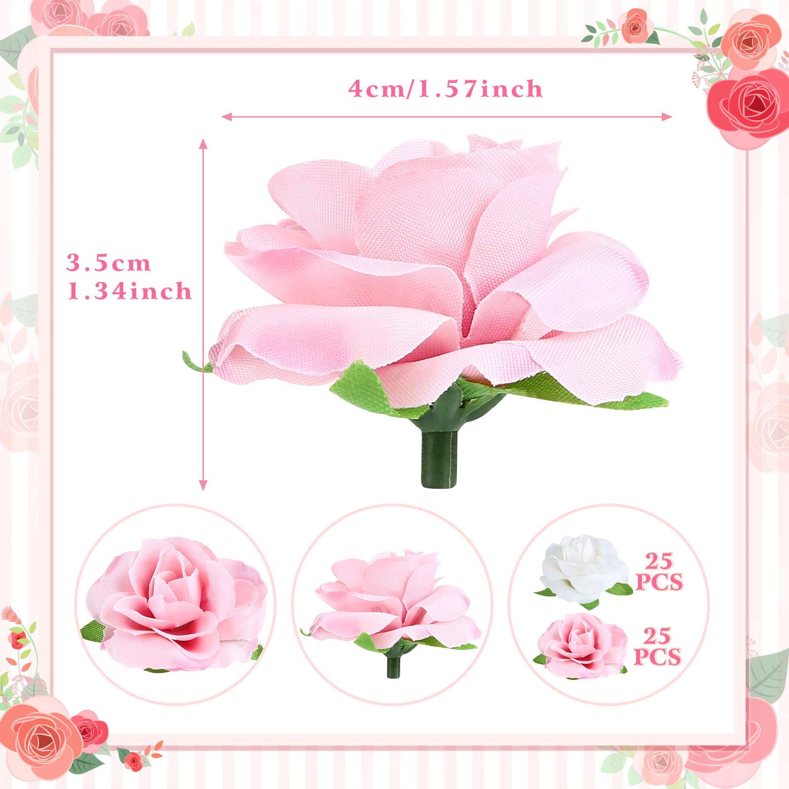 50pcs Mini Artificial Silk Rose Flower Heads - 1.6