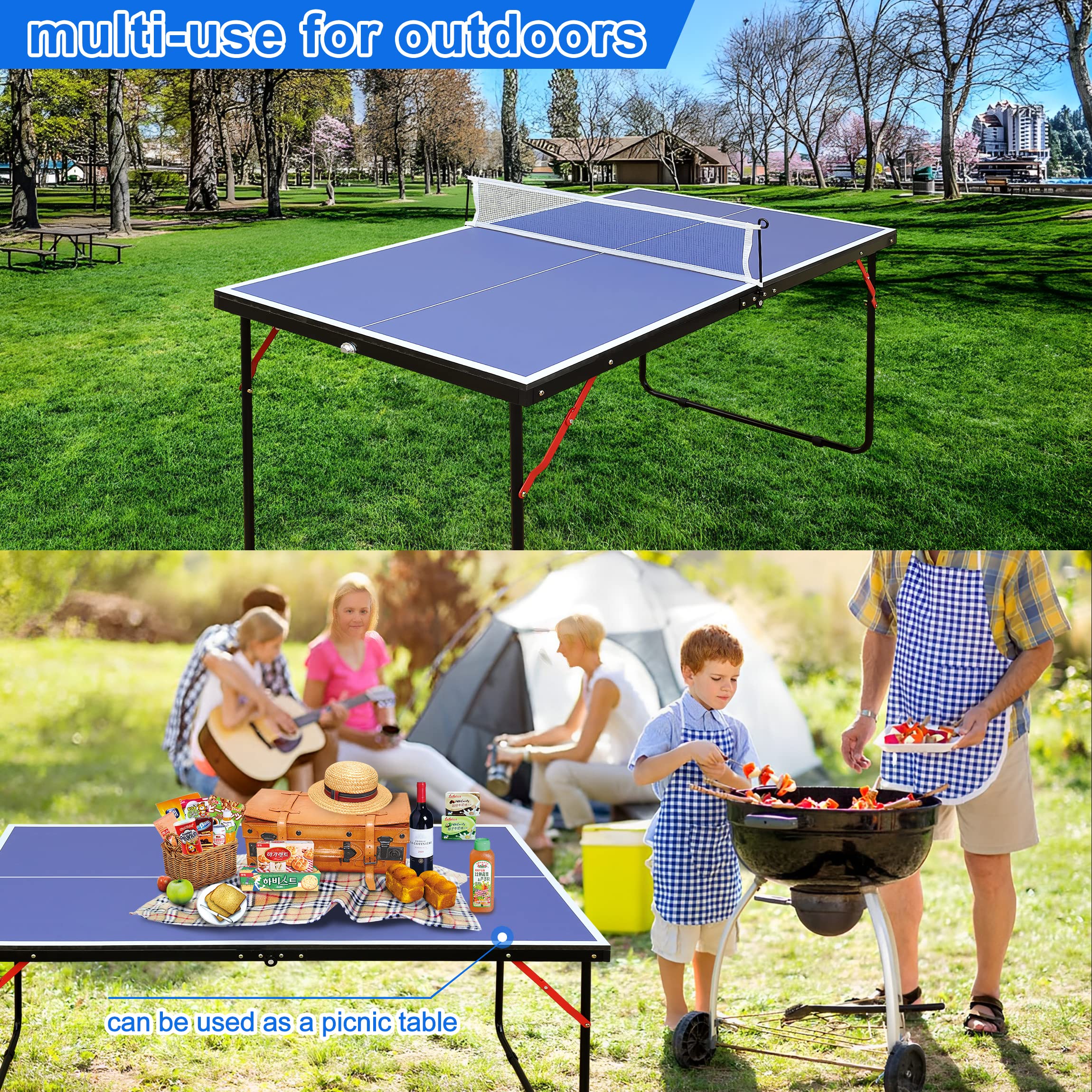 Foldable Midsize Ping Pong Table Set with Net & 2 Paddles - Indoor/Outdoor Waterproof Table Tennis Game for Backyard, Basement & Recreation Rooms