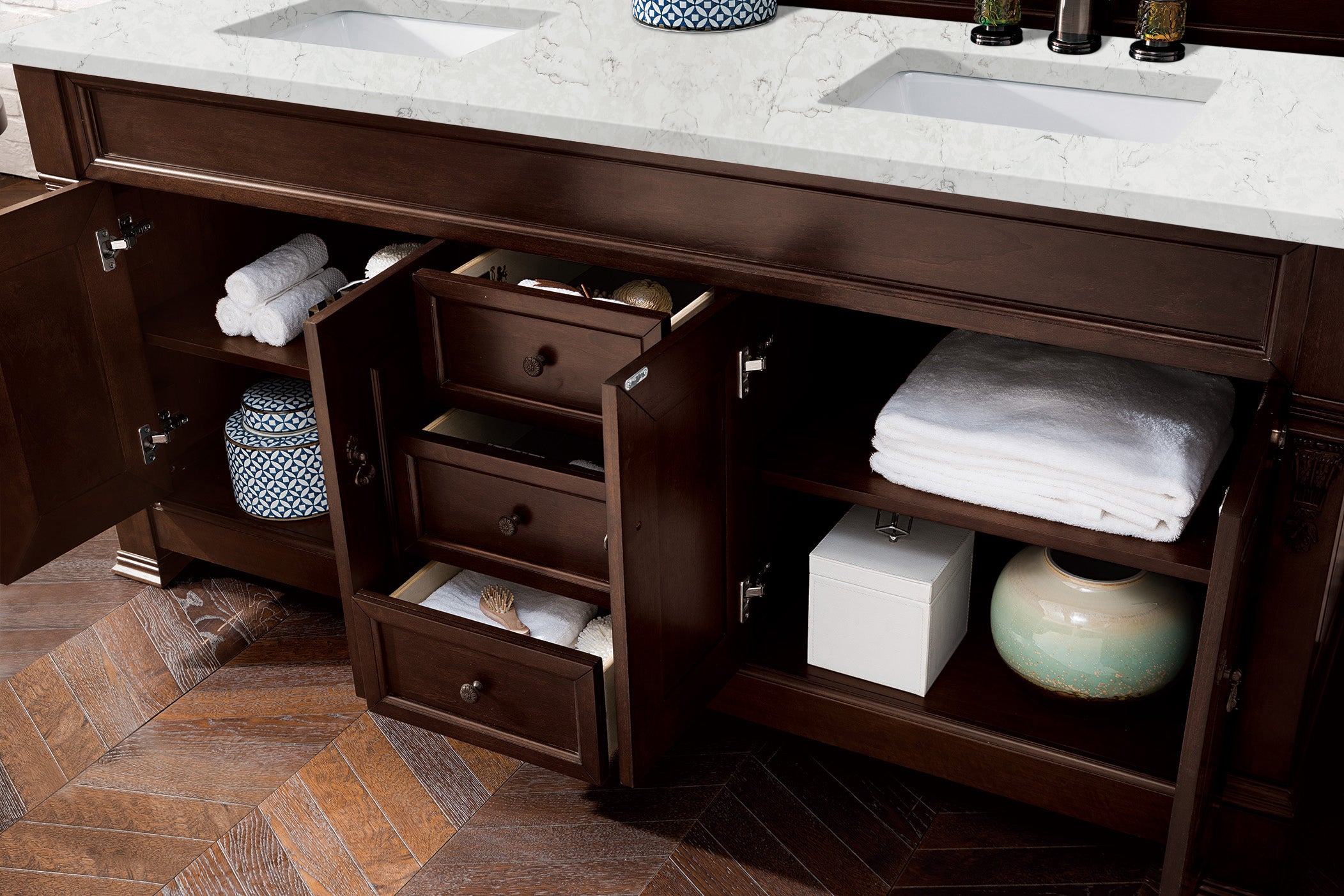 Brookfield 72-Inch Double Bathroom Vanity with Burnished Mahogany Finish & 3CM Eternal Jasmine Pearl Quartz Countertop - Perfect for Master Bathroom Remodeling and Luxury Home Upgrade