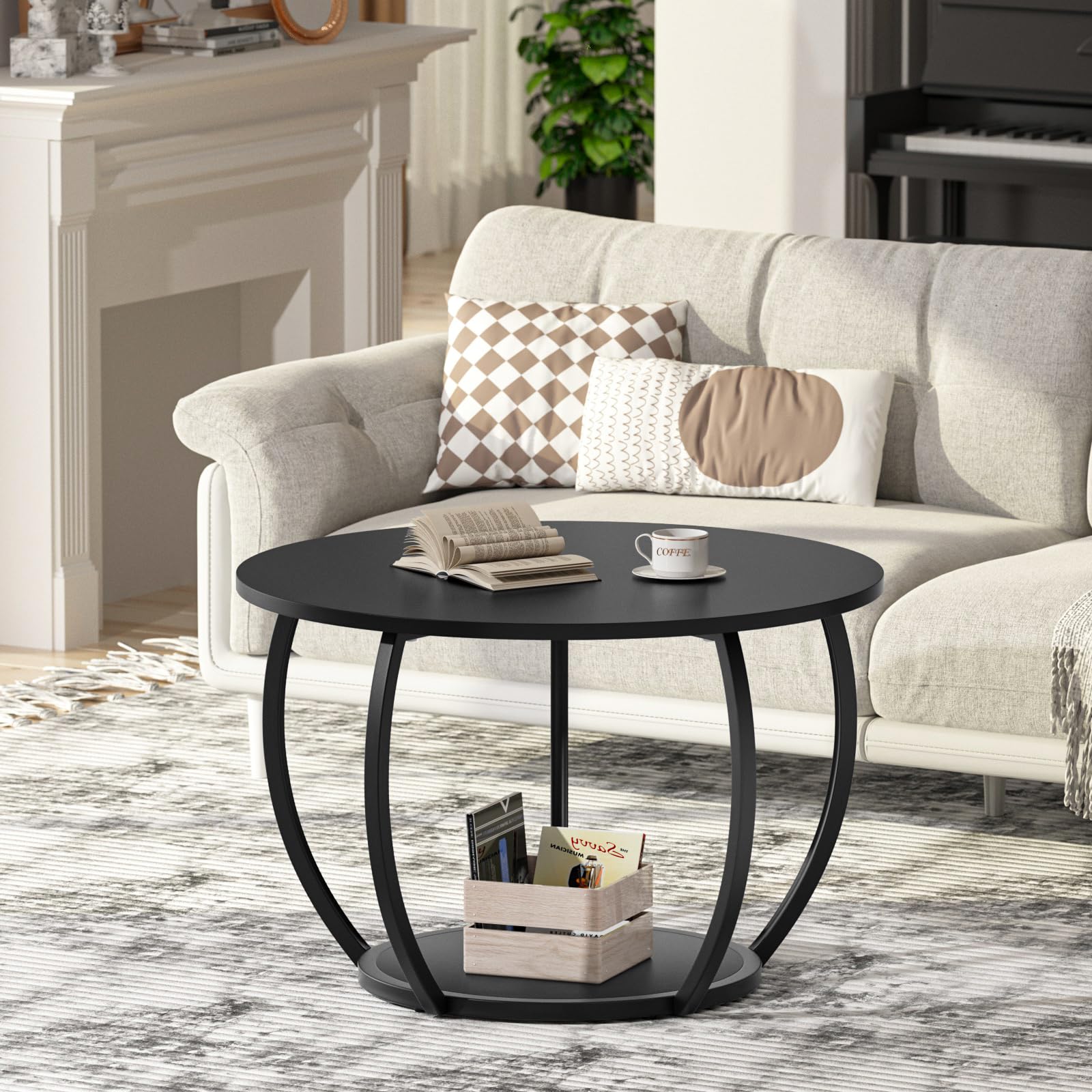 GreenForest 27.6 Inch Round Coffee Table with Storage - Adjustable Feet 2-Tier Farmhouse Style Center Table for Living Room, Home Office - Black | Perfect for Small Spaces, Coffee Time & Family Gatherings
