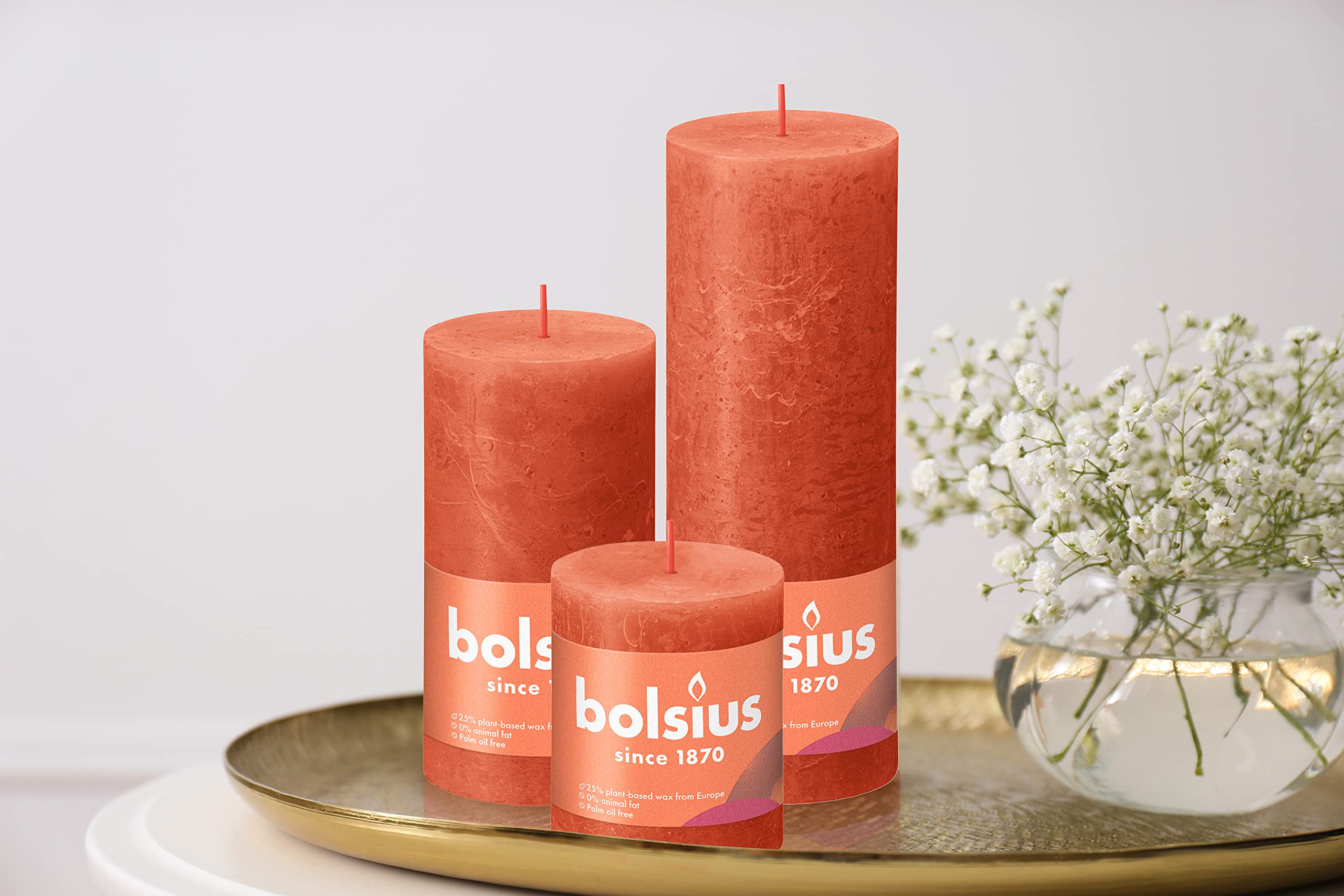 BOLSIUS 4-Pack Orange Rustic Pillar Candles - 2.75 x 7.5 Inches Long-Lasting Unscented Candles - Premium European Quality Plant-Based Wax - Dripless Smokeless 85-Hour Burn Time - Perfect for Weddings, Parties, Home Decor, and Romantic Dinners