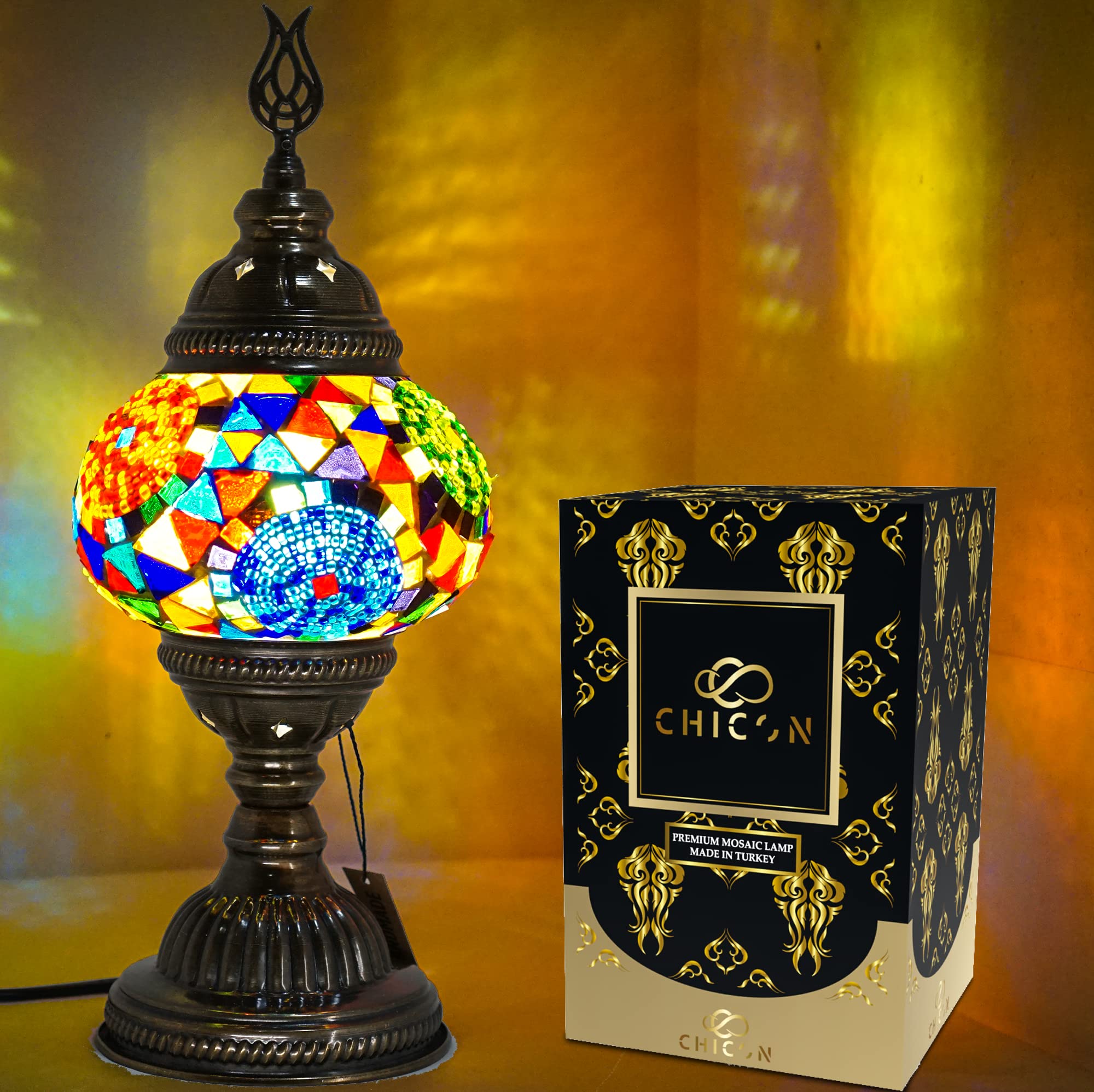CHICON Handmade Mosaic Turkish Lamp - Genuine Glass Mosaic Art, Antique Vintage Tiffany Boho Style, Moroccan Bohemian Small Table Lamp with Classic 3Globes Multicolor - Perfect for Living Room, Bedroom, or Office Decor