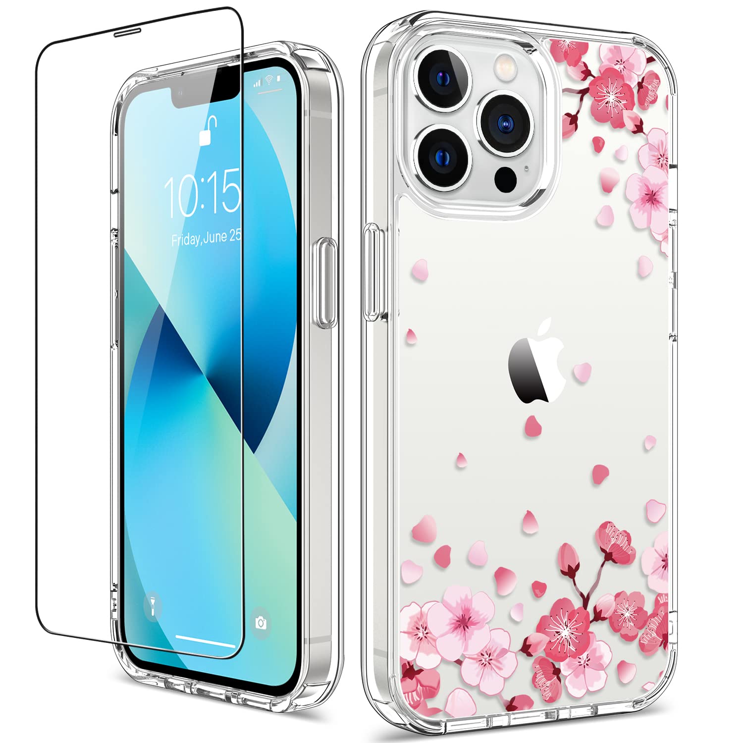 GiiKa iPhone 13 Pro Max Case with Screen Protector - 6.7 Inch Clear Shockproof Protective Hard Case with TPU Bumper Cover - Floral Design for Women & Girls - Perfect for Everyday Use, Work & Travel (Pink)